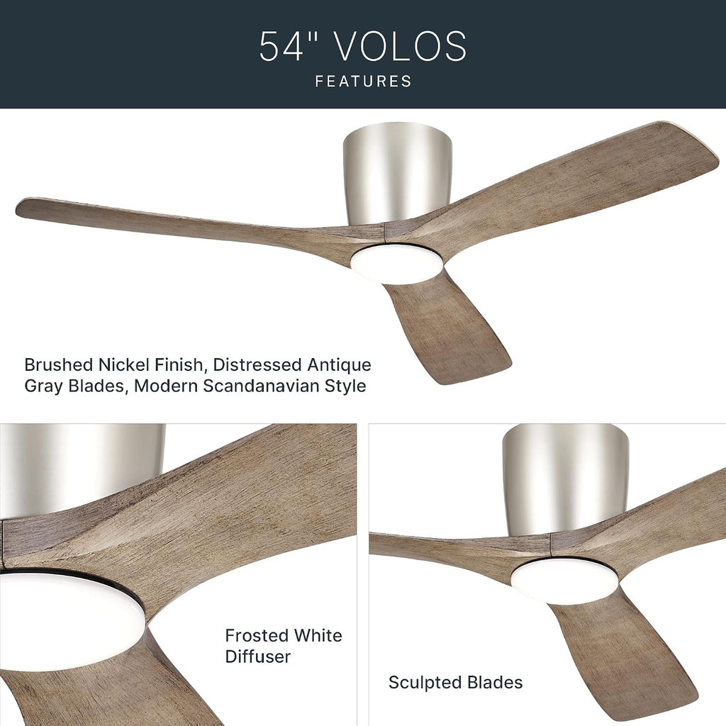Kichler Volos 54 in Modern Ceiling Fan with LED Light, Brushed Nickel Indoor Fan with Wall Control and Frosted White Lens for Bedroom and Living Room, 300154NI