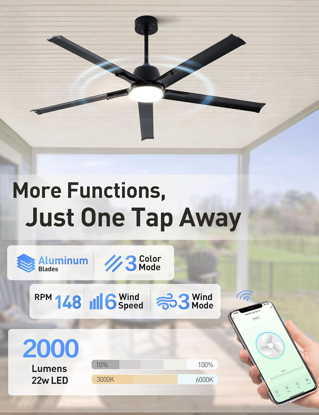 Minislak 62 Inch Smart Ceiling Fan with Light and Remote,Industrial Ceiling Fan with 5 Aluminum Blades,6 Speed,3CCT,Quiet DC Motor Indoor Outdoor Fan for Patio,Living Room,Bedroom