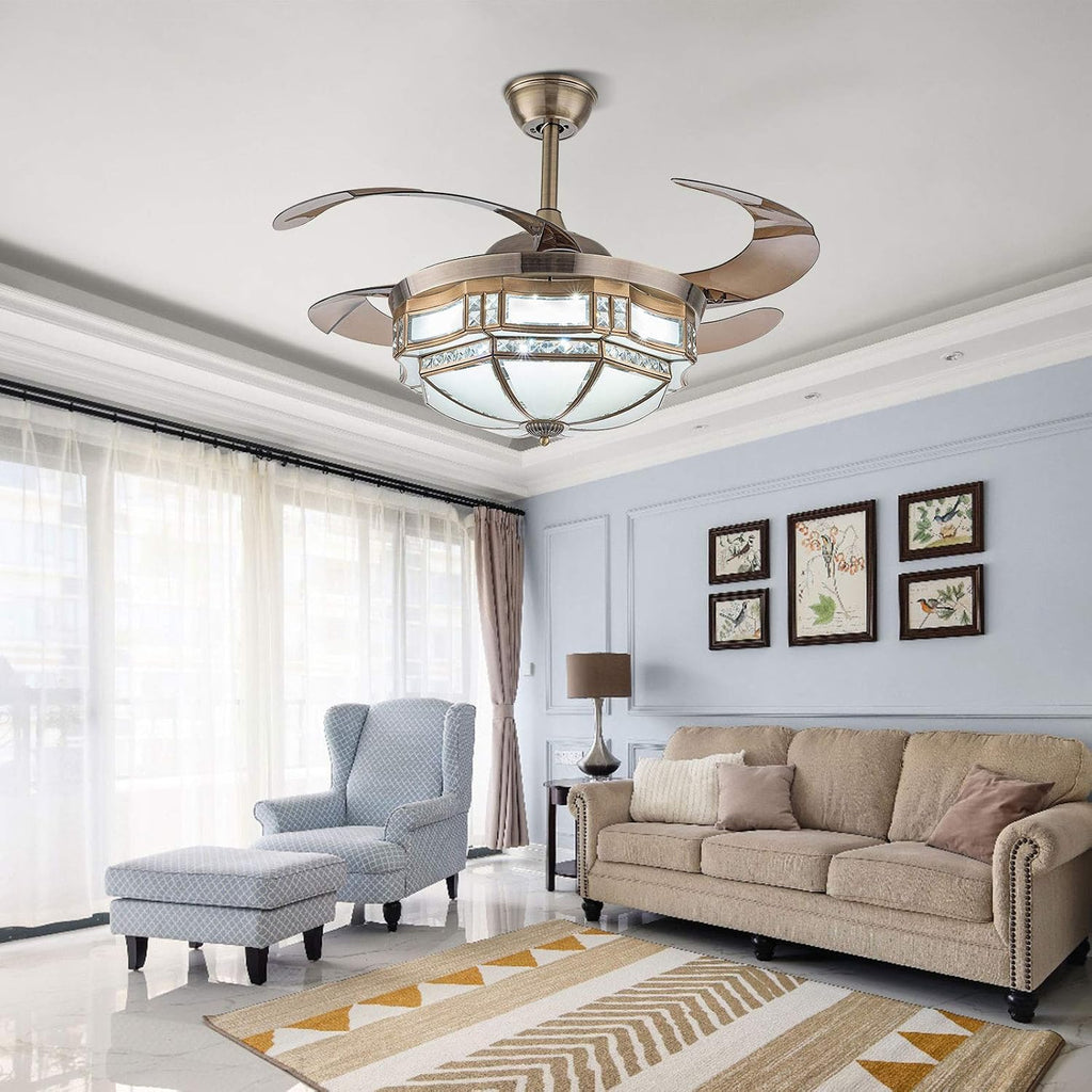 TFCFL 42 Inch Vintage Ceiling Fan Light, Tiffany Style Dimmable Chandelier Fan with Controller 3-Color Lighting 3-Speed Retractable Blades for Bedroom Living Room (Gold)