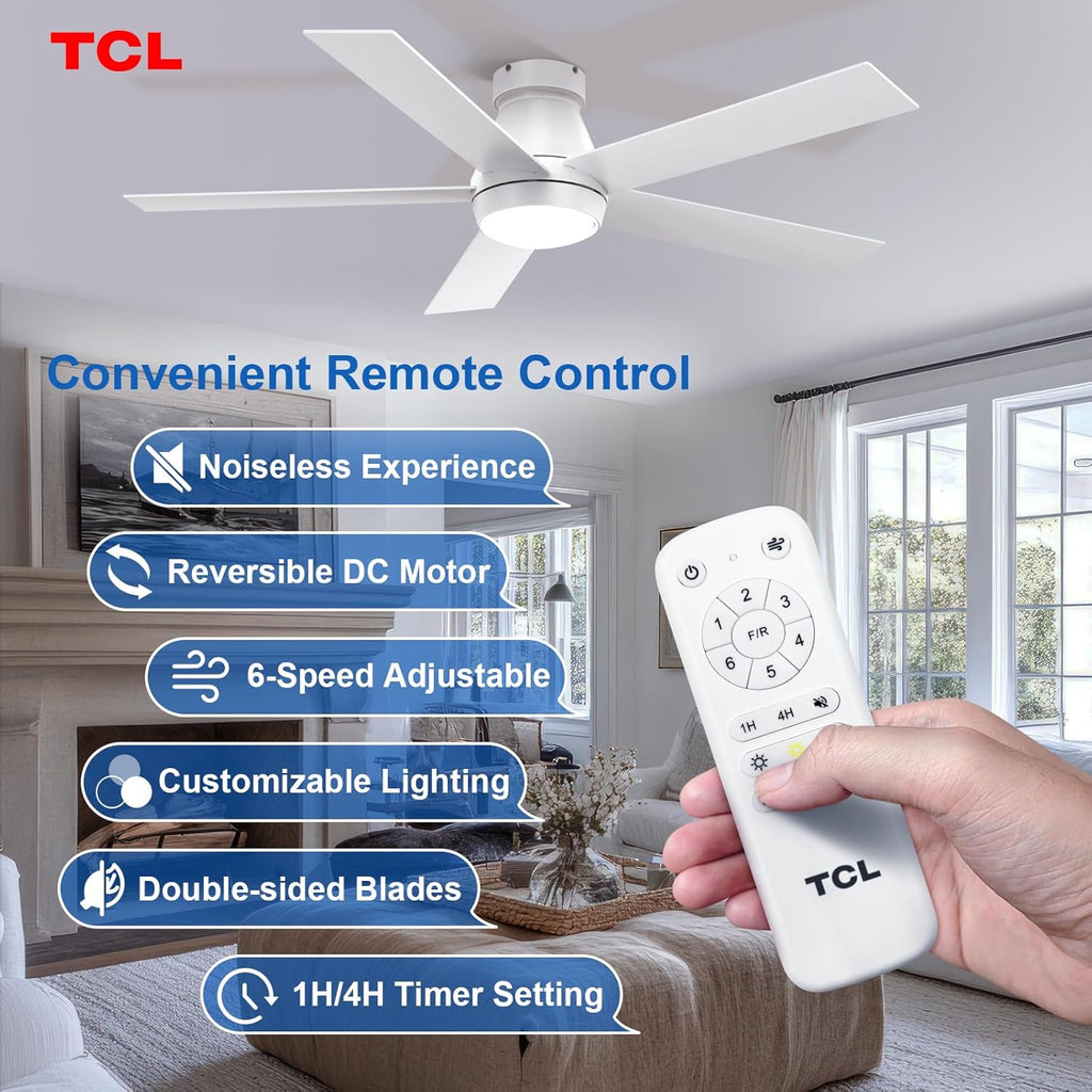 TCL 52' Modern Ceiling Fan with Lights, 5 Blades, 6 Speeds DC Reversible, Dimmable, White Flush Mount for Bedroom, Living Room and Garage