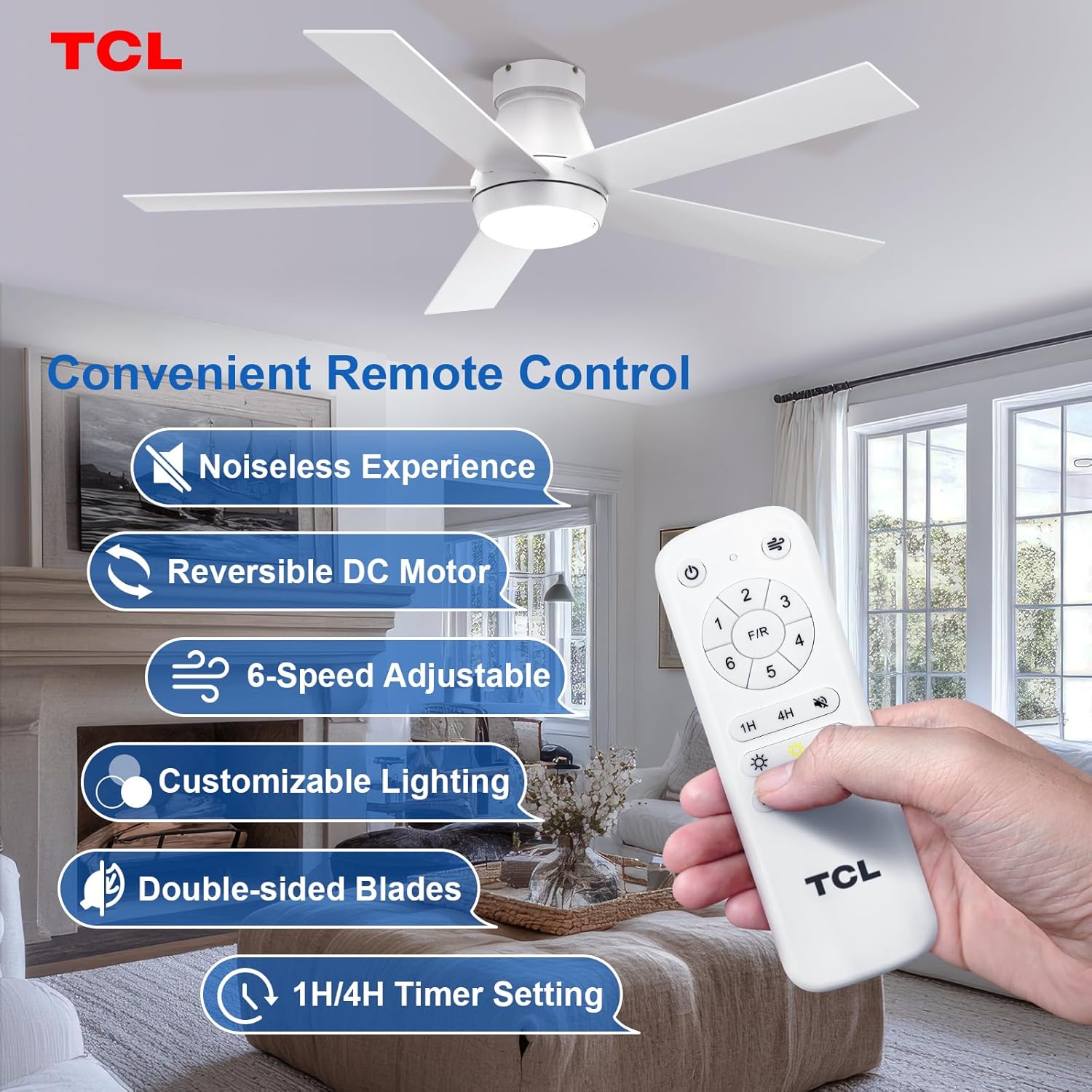 TCL 52' Modern Ceiling Fan with Lights, 5 Blades, 6 Speeds DC Reversible, Dimmable, White Flush Mount for Bedroom, Living Room and Garage