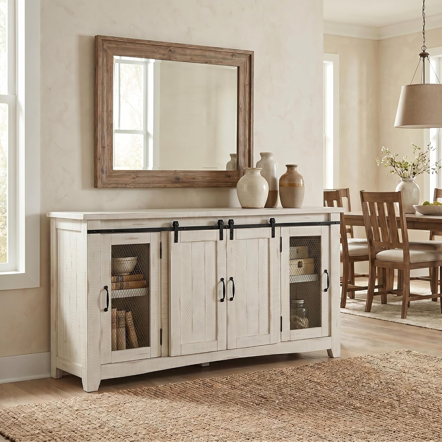 Martin Svensson Home 65' Solid Pine Wood Entertainment Center with Storage. Rustic TV Stand for TVs up to 70.' Sliding Doors, Adjustable Shelves & Cable Management – White Finish