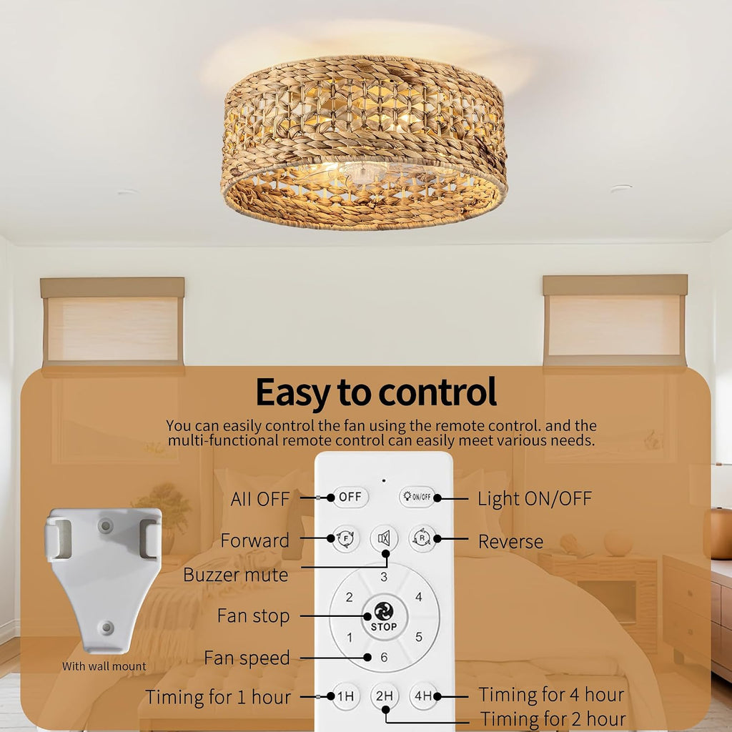 Handwoven Boho Ceiling Fan with Light,Rattan Caged Ceiling Fans with Lights and Remote Control Flush Mount Low Profile Enclosed 6 Speeds Fandelier for Bedroom,Living Room,Dining Room,4-Light
