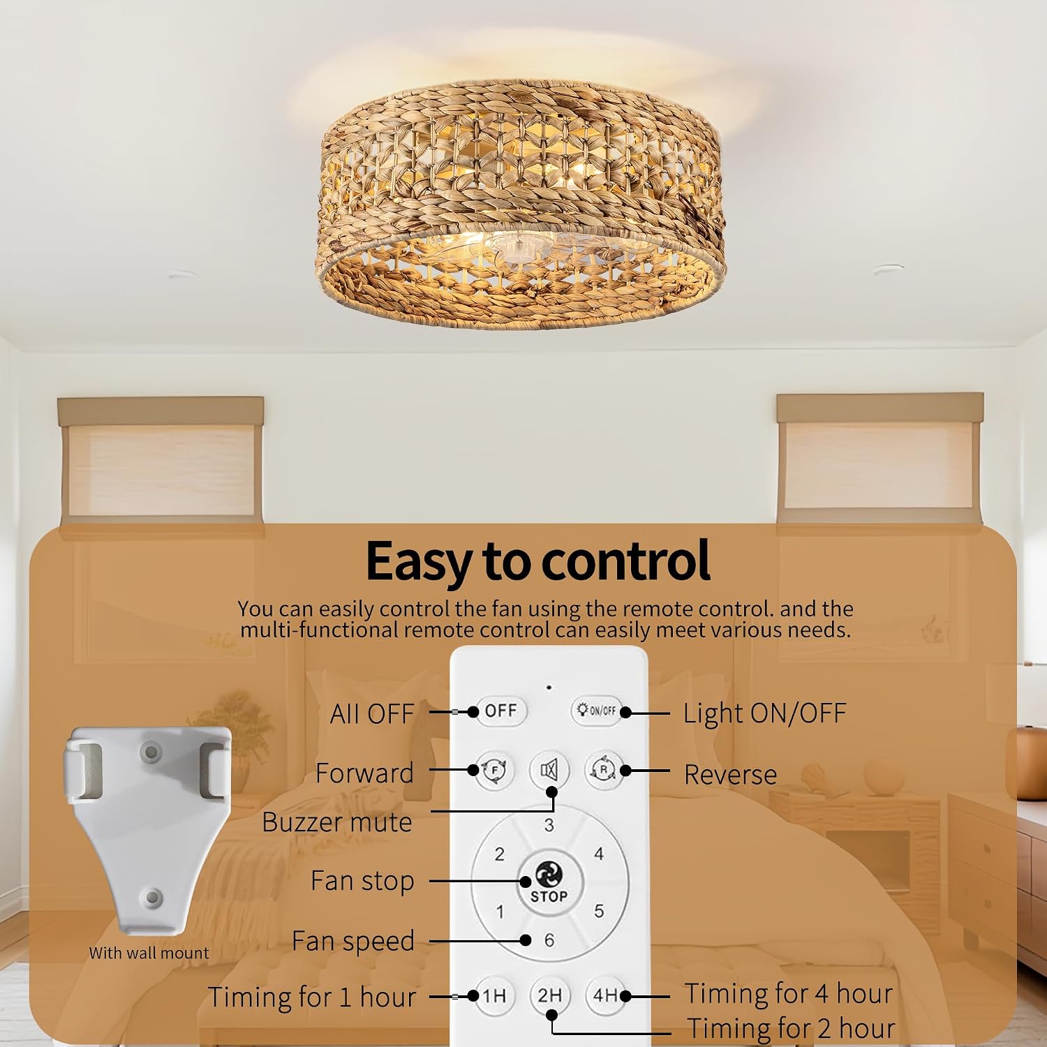 Handwoven Boho Ceiling Fan with Light,Rattan Caged Ceiling Fans with Lights and Remote Control Flush Mount Low Profile Enclosed 6 Speeds Fandelier for Bedroom,Living Room,Dining Room,4-Light