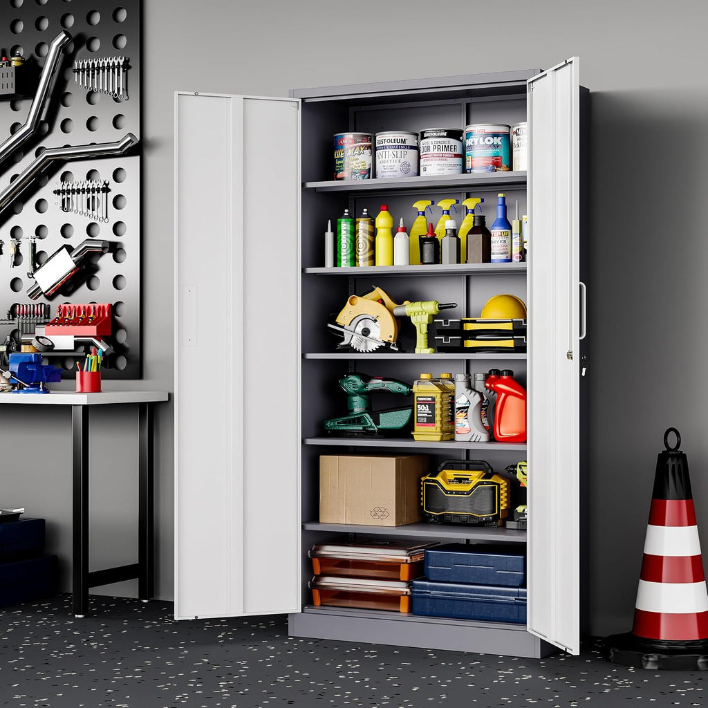 PEUKC Metal Garage Storage Cabinet, 71-inch Tall Cabinet with Adjustable Shelves & Locking Doors, Tool Cabinets for Garage,Office,Home,School,Gym (Grey White)