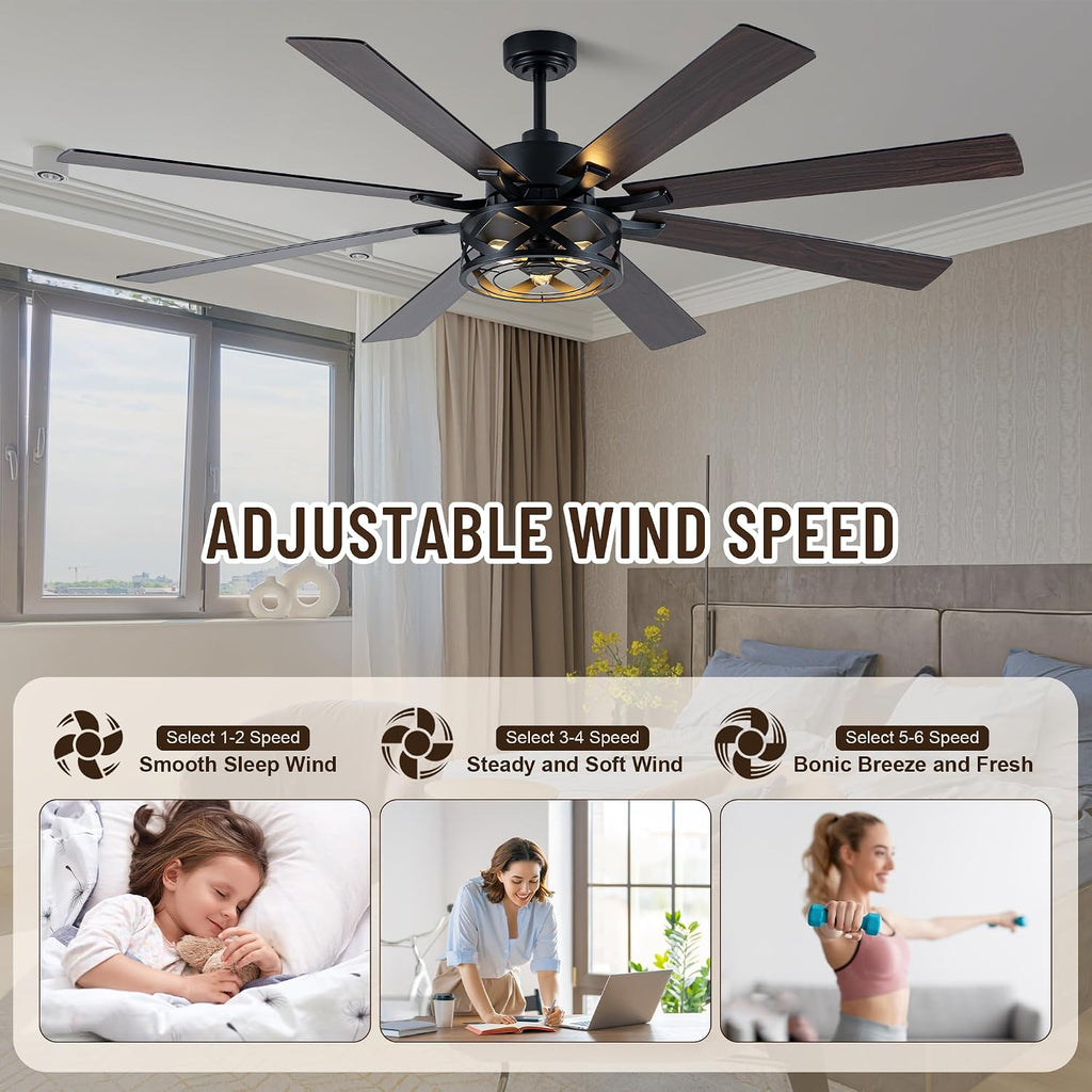 72' Industrial Ceiling Fan with Lights, 8 Blades Dual Color,Reversible DC Motor,Remote Control,6 Speeds,Timer,Quiet Ceiling Fan for Bedroom Living Room Patio