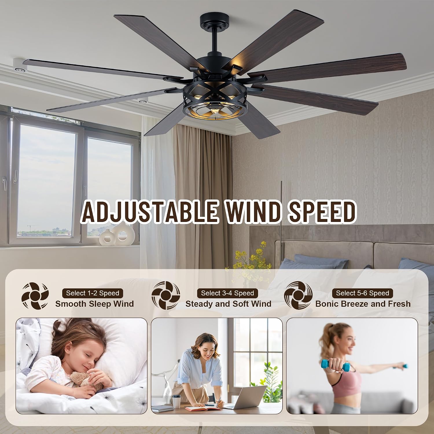 72' Industrial Ceiling Fan with Lights, 8 Blades Dual Color,Reversible DC Motor,Remote Control,6 Speeds,Timer,Quiet Ceiling Fan for Bedroom Living Room Patio