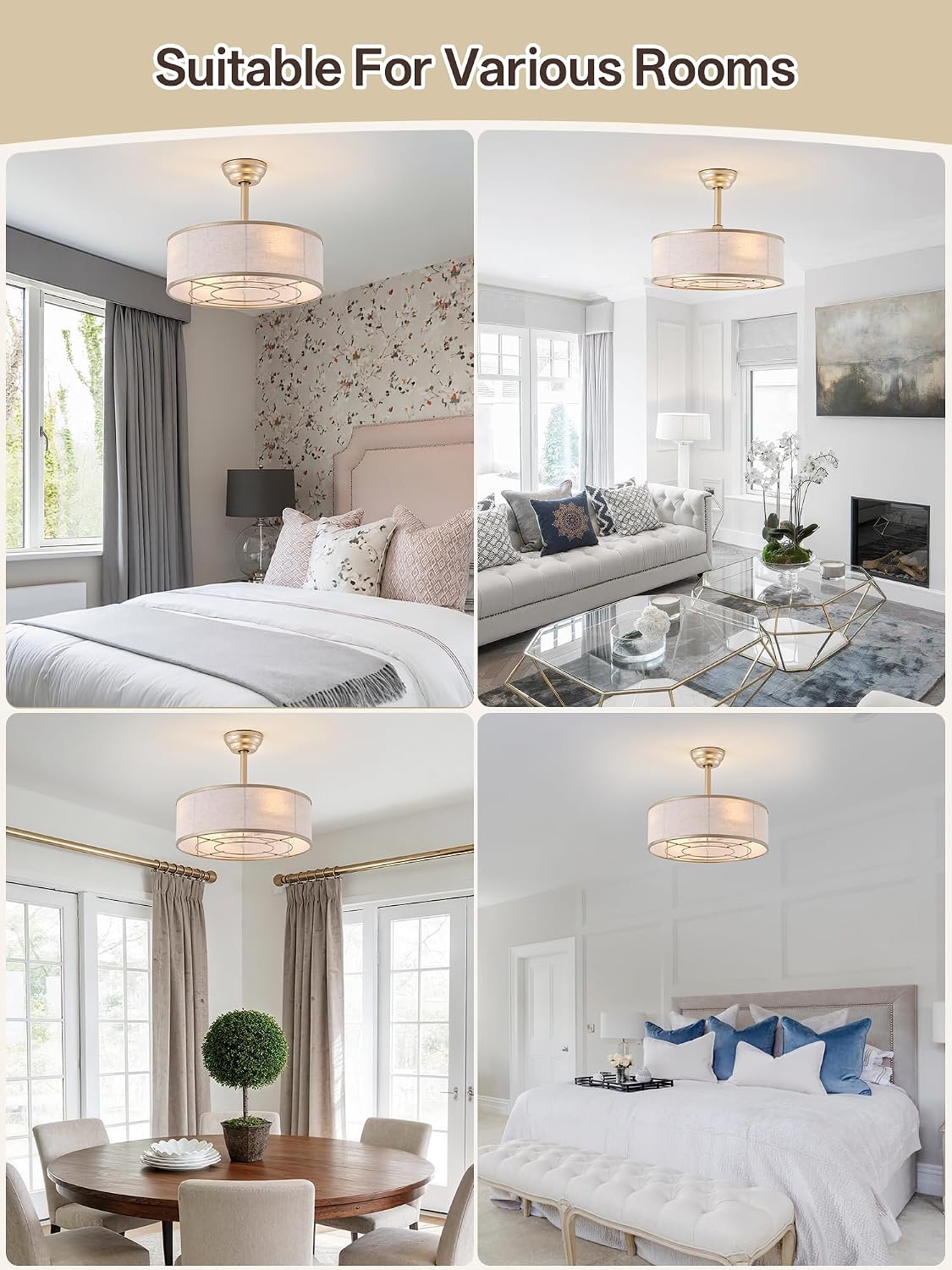 20' Gold Caged Boho Fandelier Ceiling Fan with Light & Remote Control - Bladeless Chandelier Fan, 6 Speed Quiet Reversible Motor for Bedroom, Nursery, Living Room