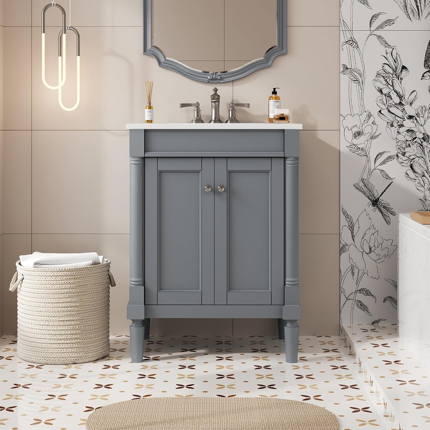 24 Inch Bathroom Vanity with Sink: Modern Gray Storage Cabinet with Ceramic Basin & Soft Close Hinges - Compact Design for Small Bathrooms & Guest Suites with Ample Storage Space & Wood Frame