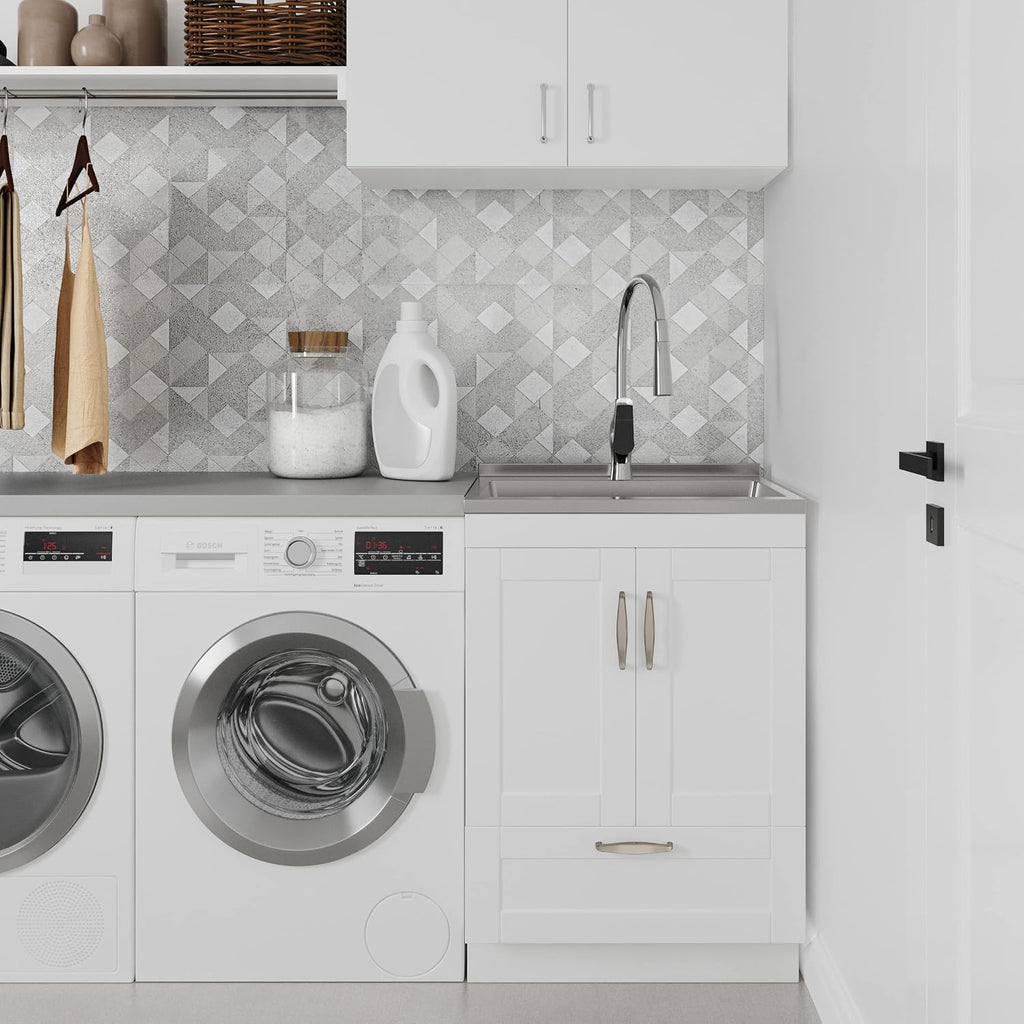 SIMPLIHOME Reed All-in-One 24 inch Wide Utility Sink and Laundry Cabinet in Pure White Finish, Transitional Stainless Steel Sink Cabinet for Laundry Rooms with High-Arch Chrome Faucet and Storage