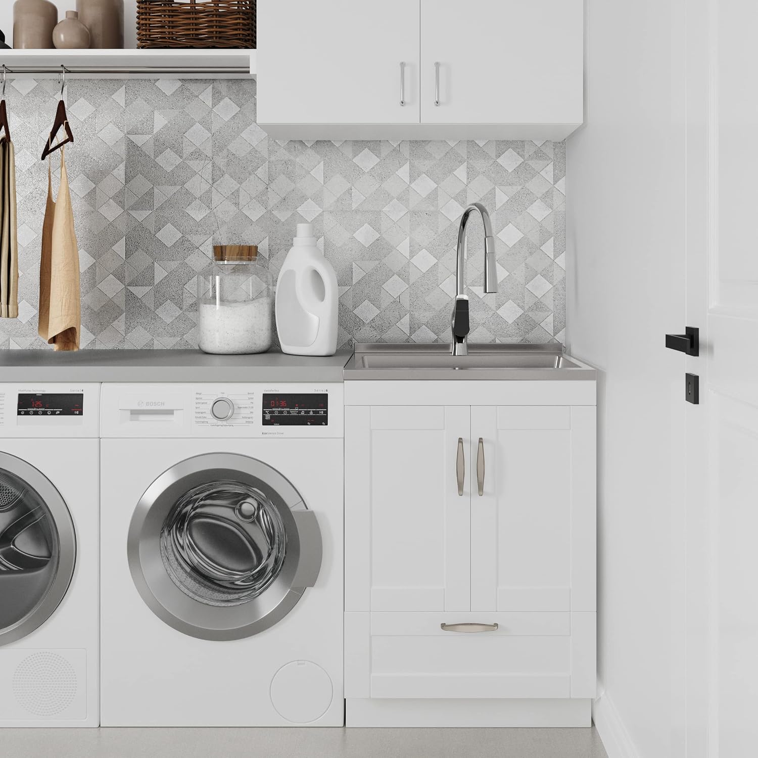 SIMPLIHOME Reed All-in-One 24 inch Wide Utility Sink and Laundry Cabinet in Pure White Finish, Transitional Stainless Steel Sink Cabinet for Laundry Rooms with High-Arch Chrome Faucet and Storage