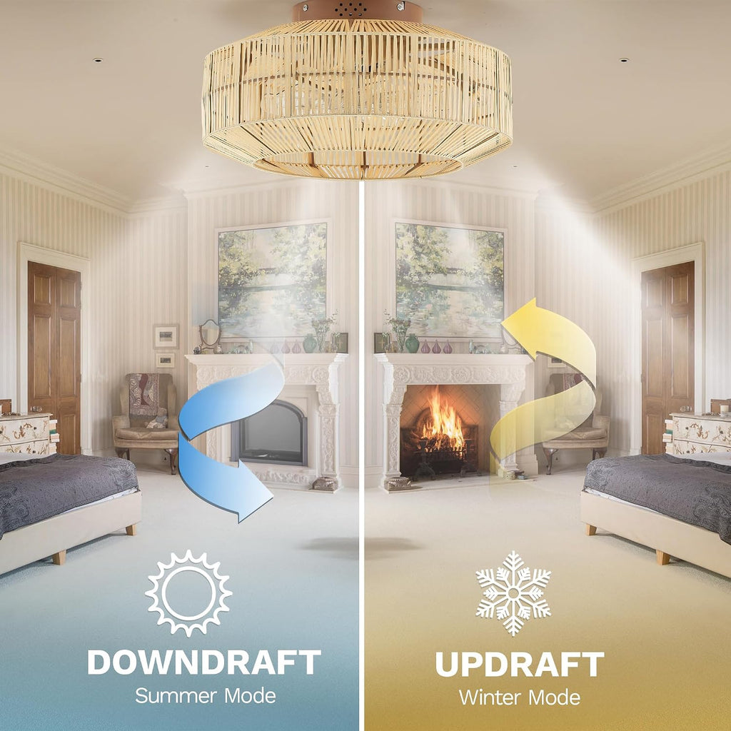 DWVO 18 Inch Caged Ceiling Fan with Lights, Flush Mount Boho Fandelier Rustic Ceiling Fan with Remote Control, Enclosed 6 Speeds, Reversible for Bedroom, Kitchen, Living Room (Yellow)