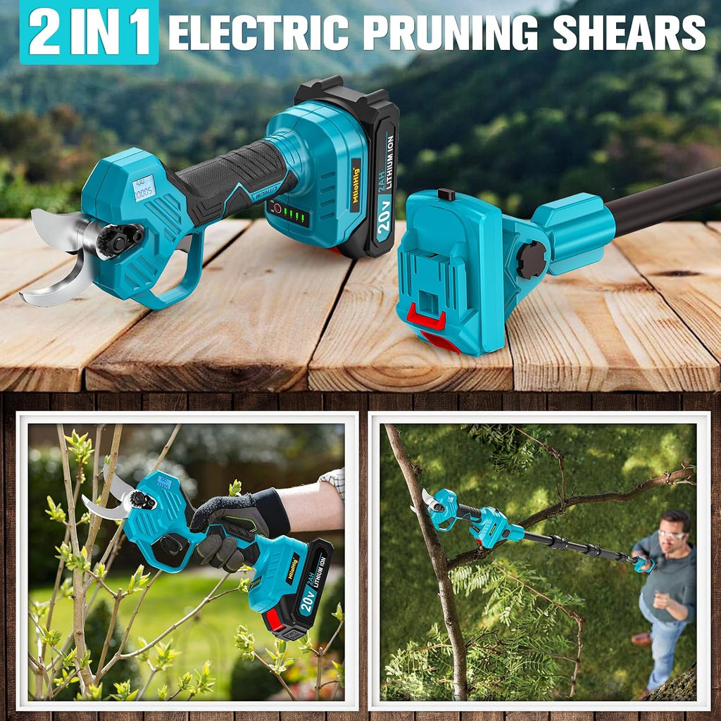 MtiolHig 2 in 1 Brushless Pole Electric Pruning Shears with 2 x Rechargeable Batteries, 13 Ft Total Reach Electric Cordless Pole Pruner, 0.8-2 Inch Pole Scissors for Garden Tools