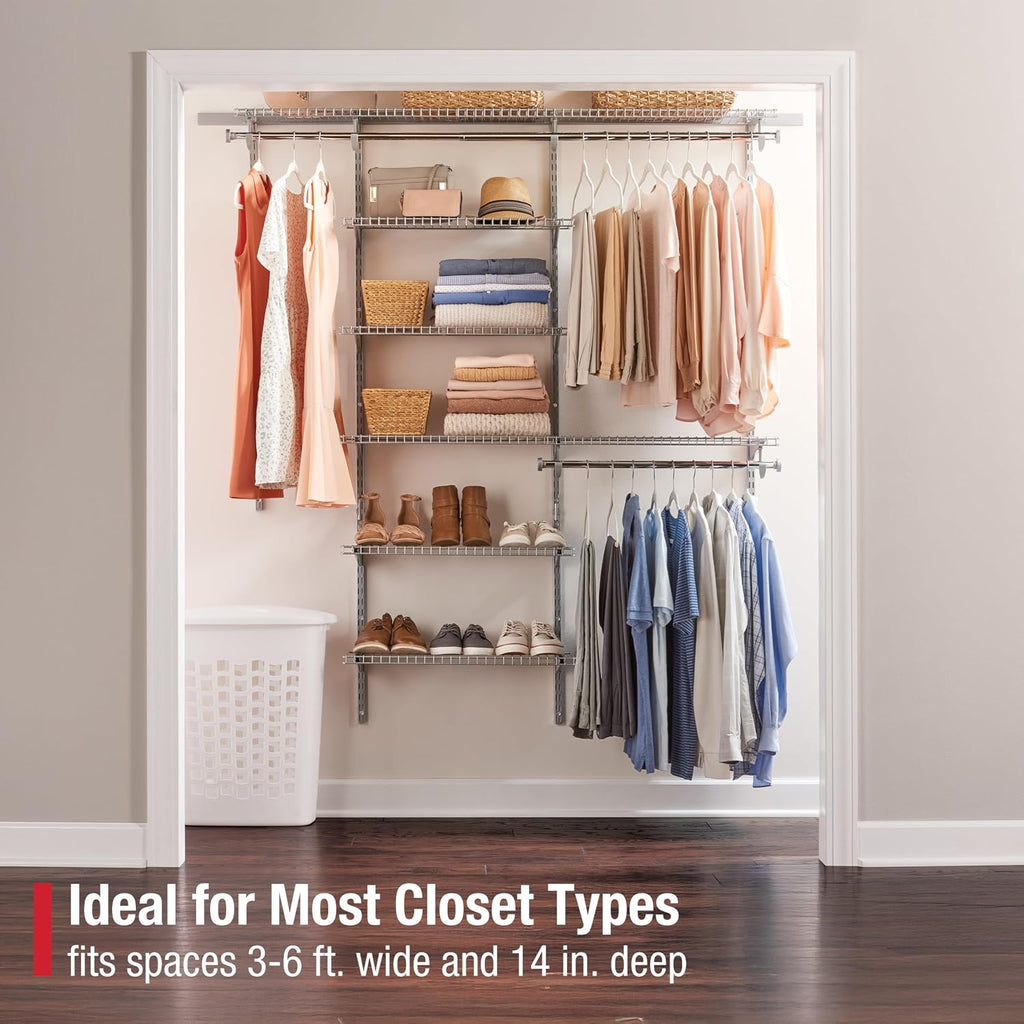 Rubbermaid Configurations Deluxe Custom Closet Kit, 3-6 Ft. Adjustable Metal Wire Shelving, Titanium Finish, Expandable Organization System, Hardware Included, for Home Closet/Pantry/Laundry/Mudroom