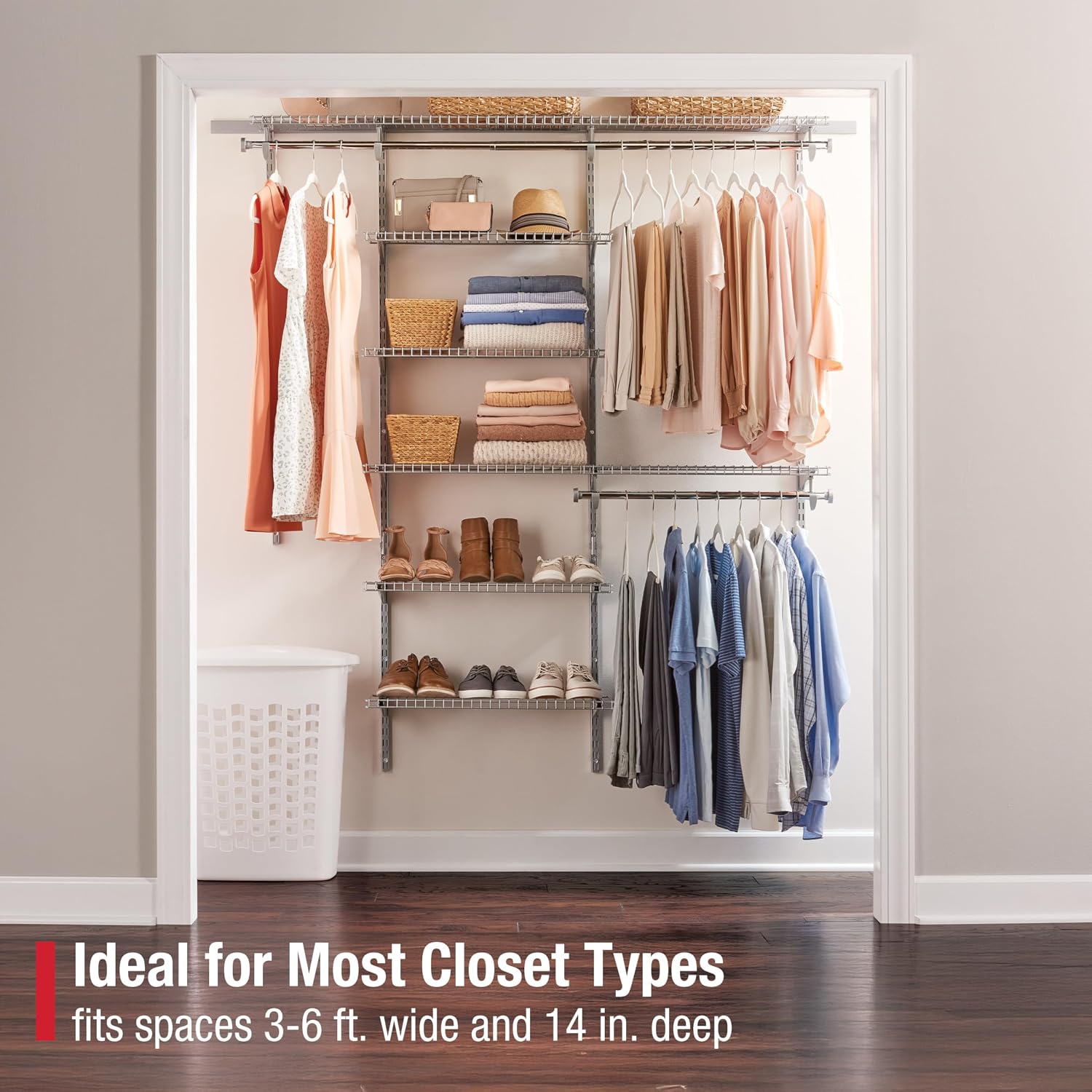 Rubbermaid Configurations Deluxe Custom Closet Kit, 3-6 Ft. Adjustable Metal Wire Shelving, Titanium Finish, Expandable Organization System, Hardware Included, for Home Closet/Pantry/Laundry/Mudroom