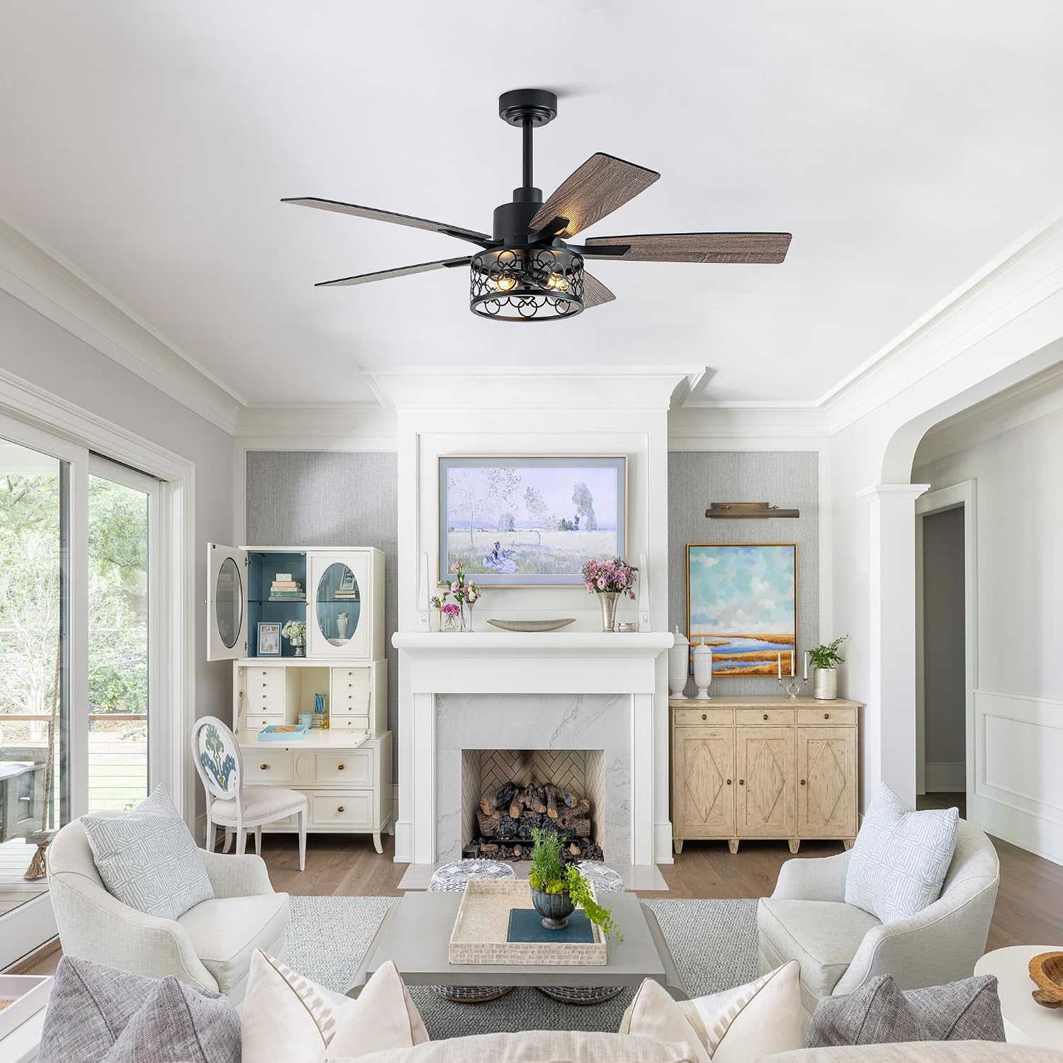 52' Farmhouse Ceiling Fans with Lights and Remote, Rustic Caged Ceiling Fan with Reversible DC Motor,5 Double Finish Wood Blades,6 Speeds,Chandelier Ceiling Fan for Living Room,Dining Room,Bedroom