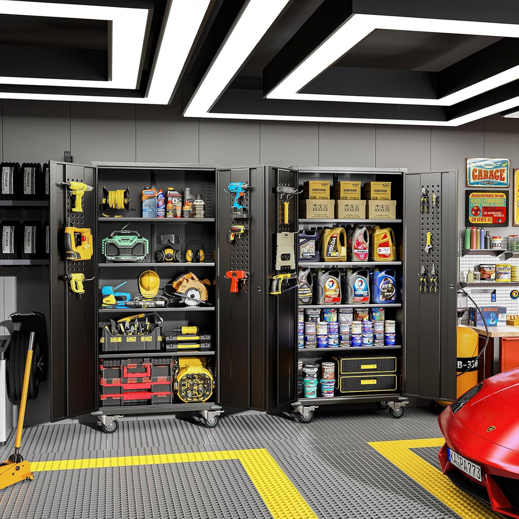 Greenvelly Garage Storage Cabinet with Wheels, Rolling Metal Cabinet with Pegboards and Adjustable Shelves,- 72' Steel Tool Cabinet for Home Office, Garage, Warehouse, Black