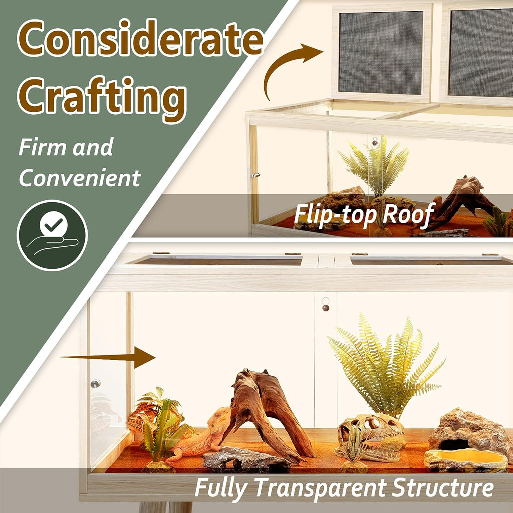 PROLEE Reptile Enclosure with Leg, 35 Gallons Bearded Dragon Tank, Tempered Glass Lizard Tank with Metal Mesh Tops and Lockable Door, Spacious Reptile Habitat for Snake,Lizard (Oak)
