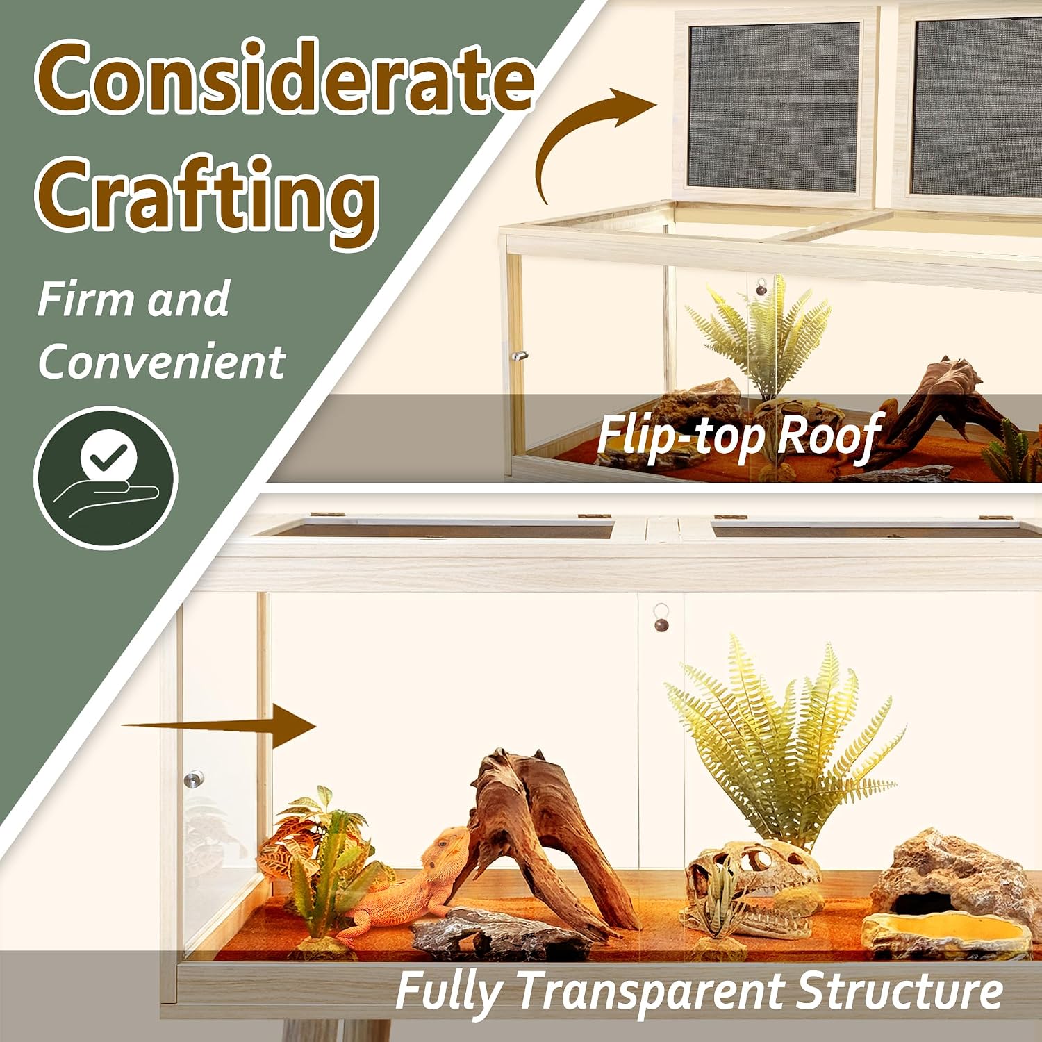 PROLEE Reptile Enclosure with Leg, 35 Gallons Bearded Dragon Tank, Tempered Glass Lizard Tank with Metal Mesh Tops and Lockable Door, Spacious Reptile Habitat for Snake,Lizard (Oak)