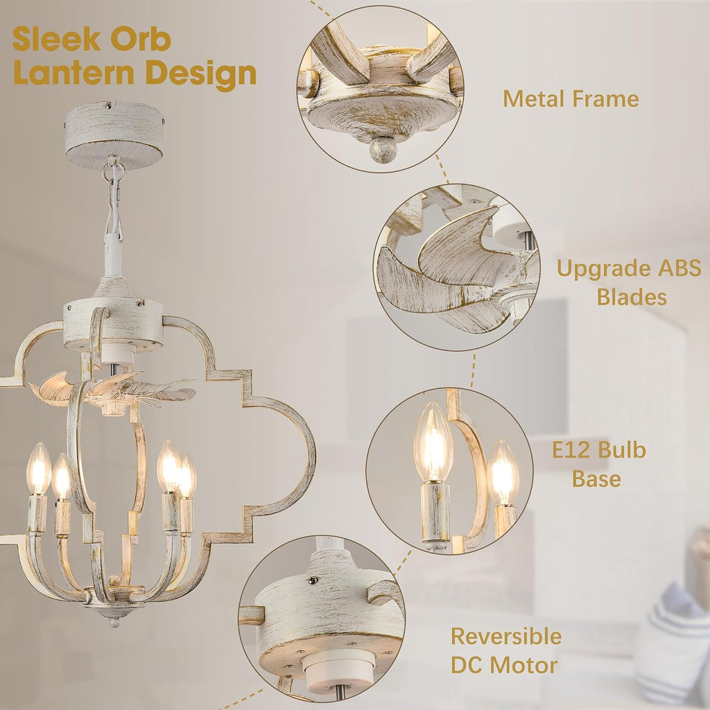 Chandelier Ceiling Fan, 23' Rustic Fandelier Ceiling Fan with Light, 4-Metal Rod Geometric Lantern Design, Vintage Hanging Ceiling Fans for Bedroom, Dining Room, Kitchen-White Gold