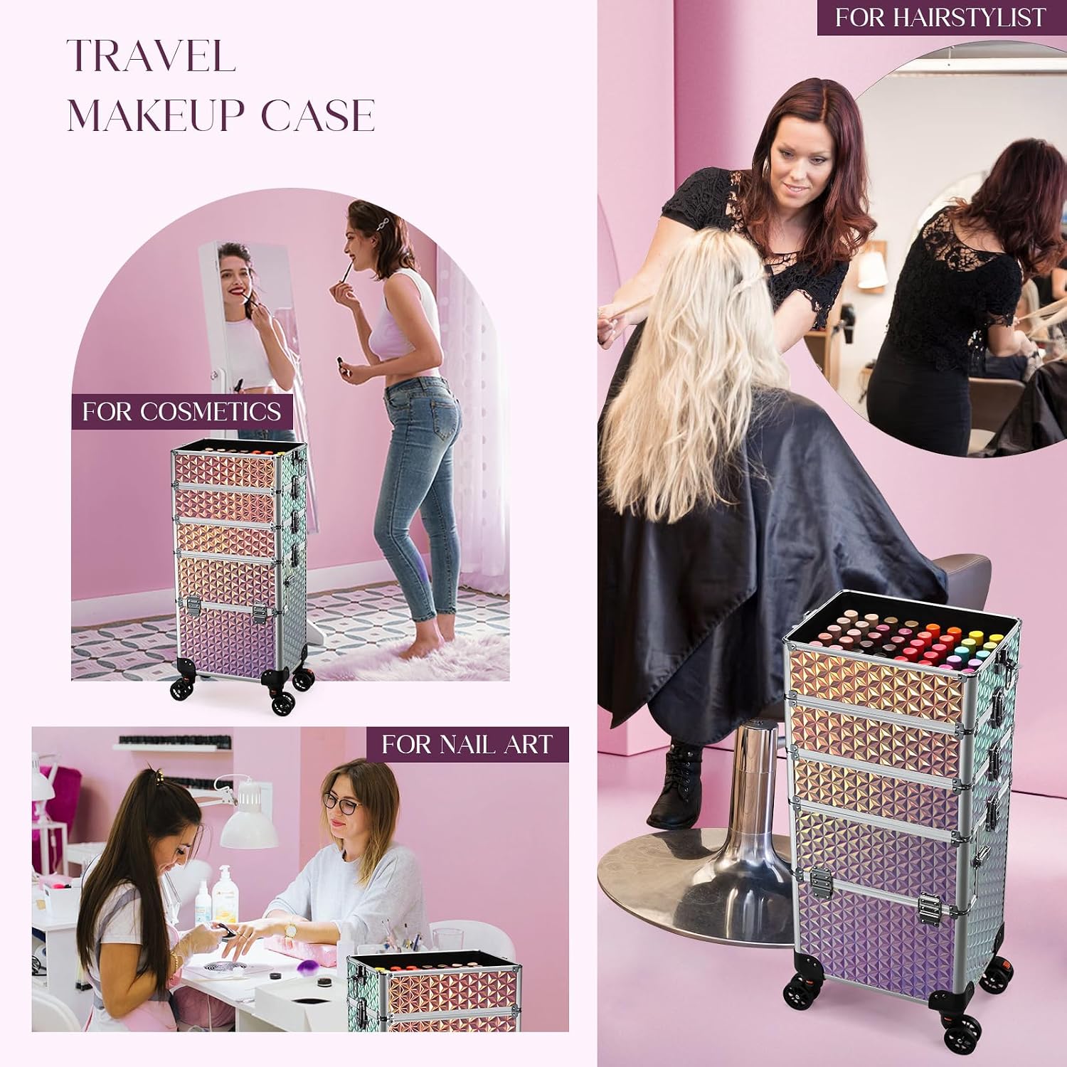 Yueieoun 5 in 1 Rolling Makeup Case, Cosmetology Case on Wheels Travel Make up Train Case Nail Cart Makeup Organizer Cosmetic Storage Box Cases Extra Large Trolley Truck with 360° Swivel Wheels, Pink