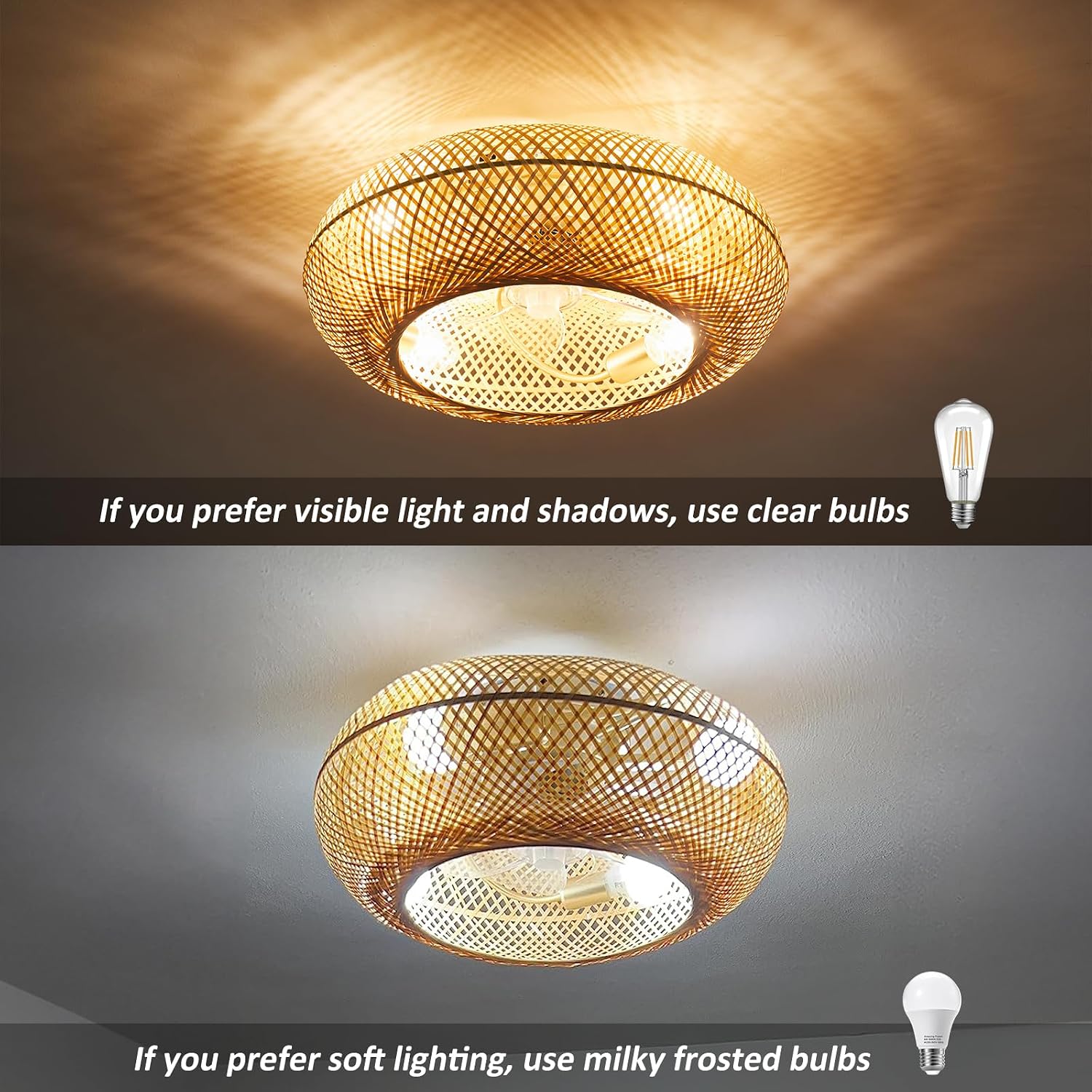 ainqiant 20' Boho Ceiling Fans with Lights,Rattan Caged Flush Mount Ceiling Fan with Light, Enclosed Timing 6 Speeds Reversible for Living Room Bedroom Dining Room
