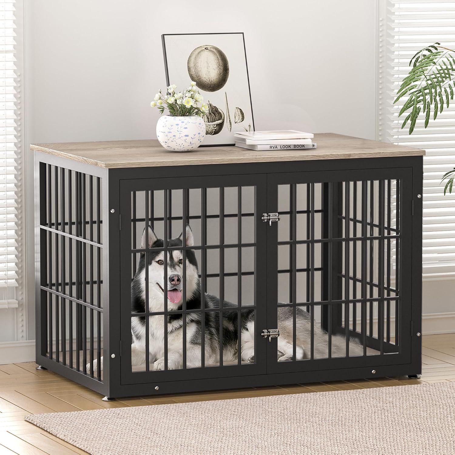 rehomerance 48 Inch Heavy Duty Dog Crate Furniture for Large and Medium Dogs, Decorative Pet House End Table, Wooden Cage Kennel Furniture Indoor, Grey