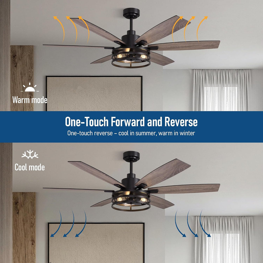 Farmhouse 60 Inch Ceiling Fan with Remote and App Control, Quiet 6-Speed Reversible DC Motor, Black Cage Design for Bedroom, Living Room, Covered Patio