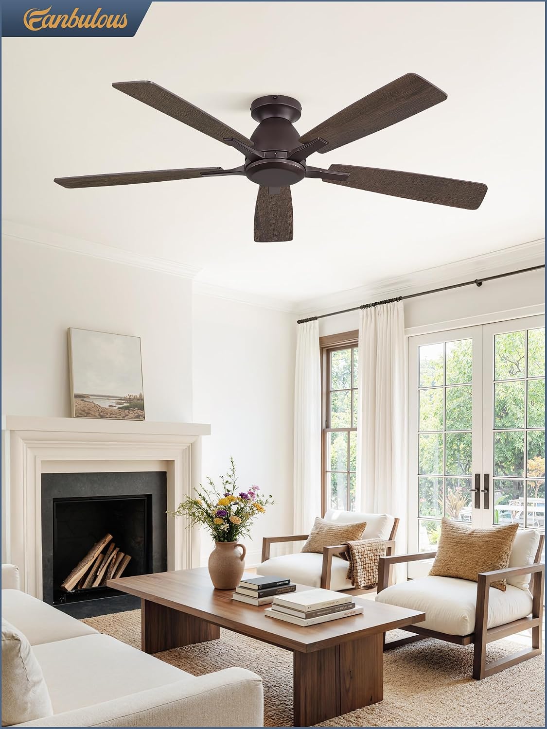 Fanbulous 52 Inch Flush Mount Ceiling Fan No Light with Remote,Modern Low Profile Without Light,6-Speeds,Quiet Reversible DC Motor,Indoor&Outdoor Ceiling Fans for Bedroom,Living Room,Oil Bronze