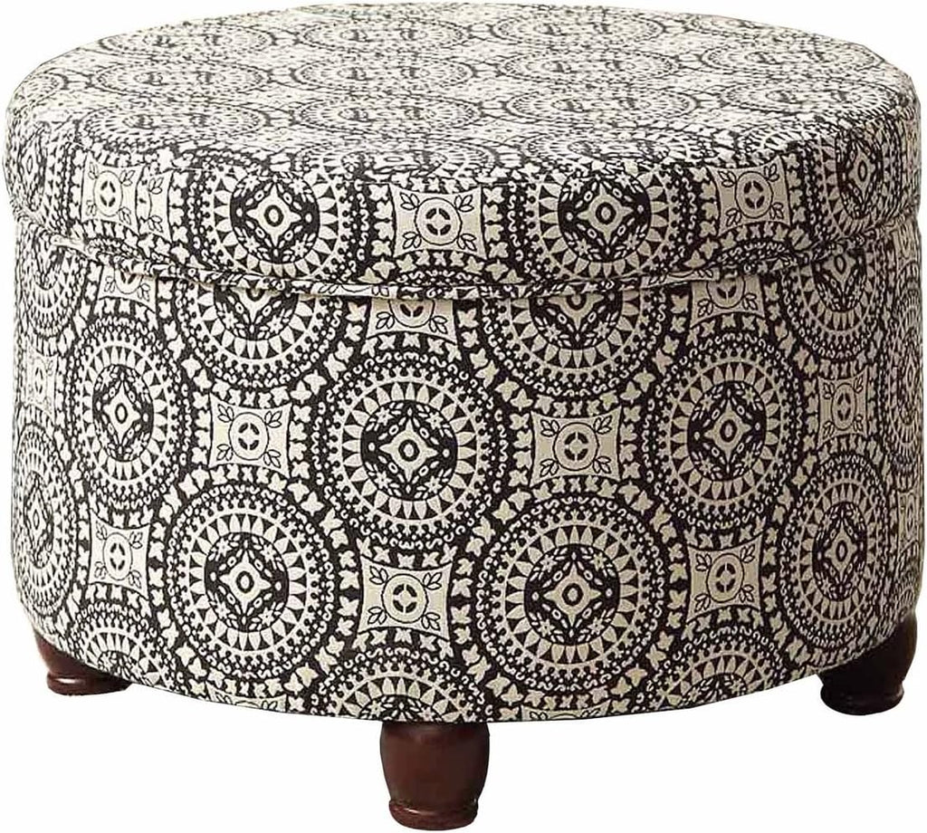Homepop Home Decor | Upholstered Round Storage Ottoman | Ottoman with Storage for Living Room & Bedroom, Black and White Medallion Large