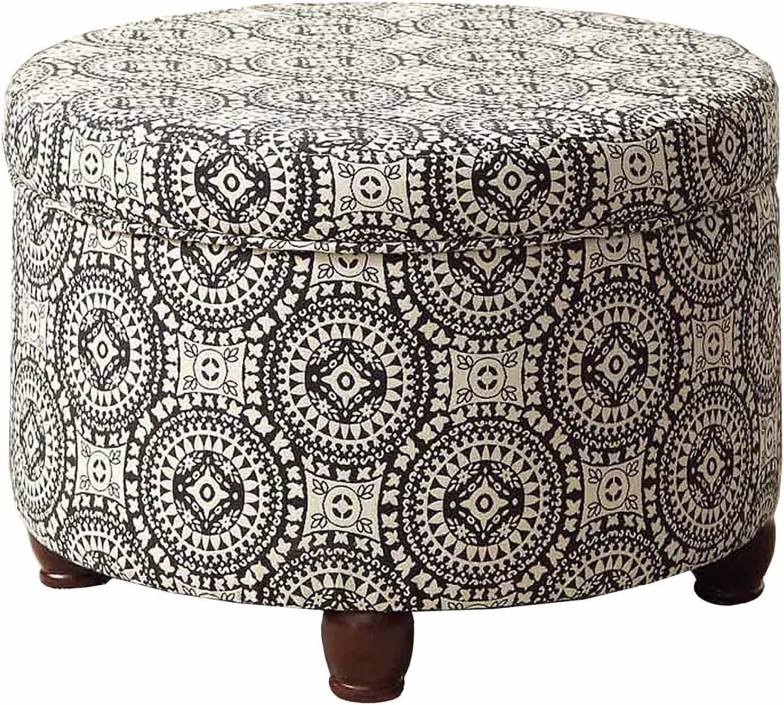 Homepop Home Decor | Upholstered Round Storage Ottoman | Ottoman with Storage for Living Room & Bedroom, Black and White Medallion Large