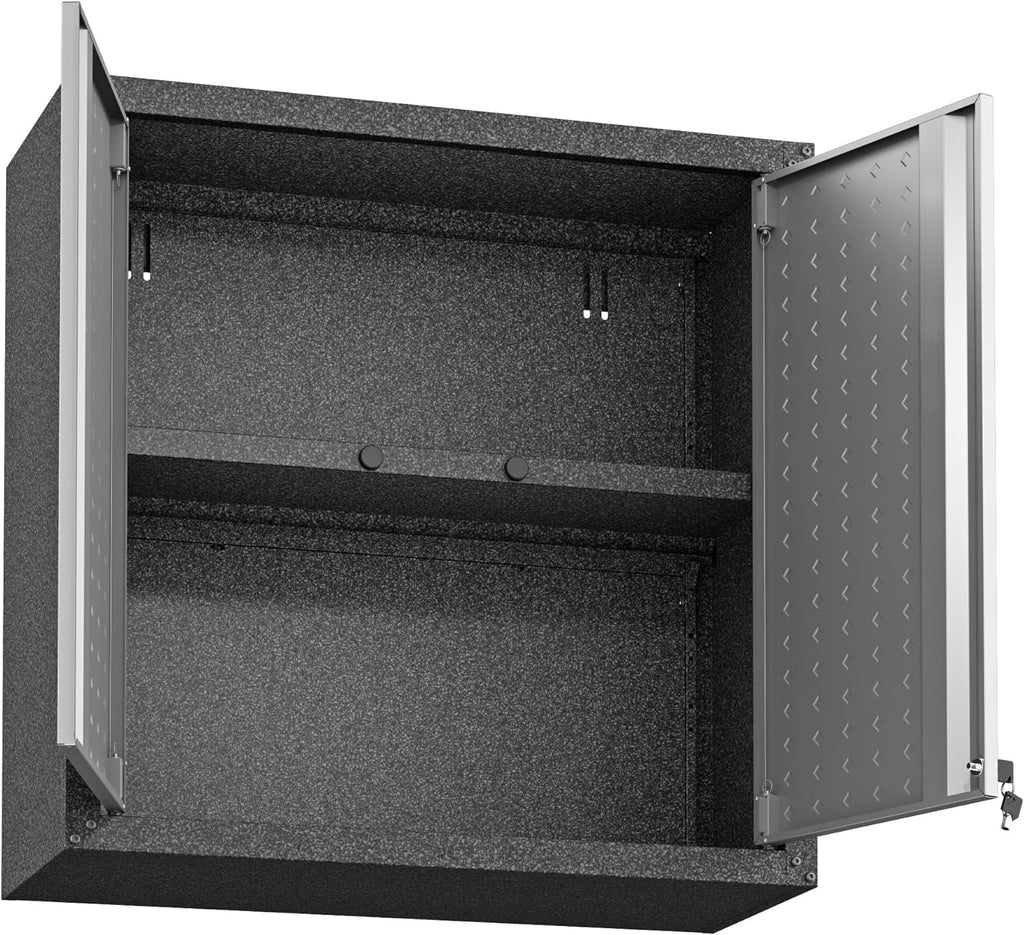 Manhattan Comfort Fortress 30' Floating Garage Storage Cabinet Set of 2, Lockable, Adjustable Shelves, Recessed Handles, Steel Wall Mounted Utility Cabinet for Workshop, Garage, Basement in Grey/Black