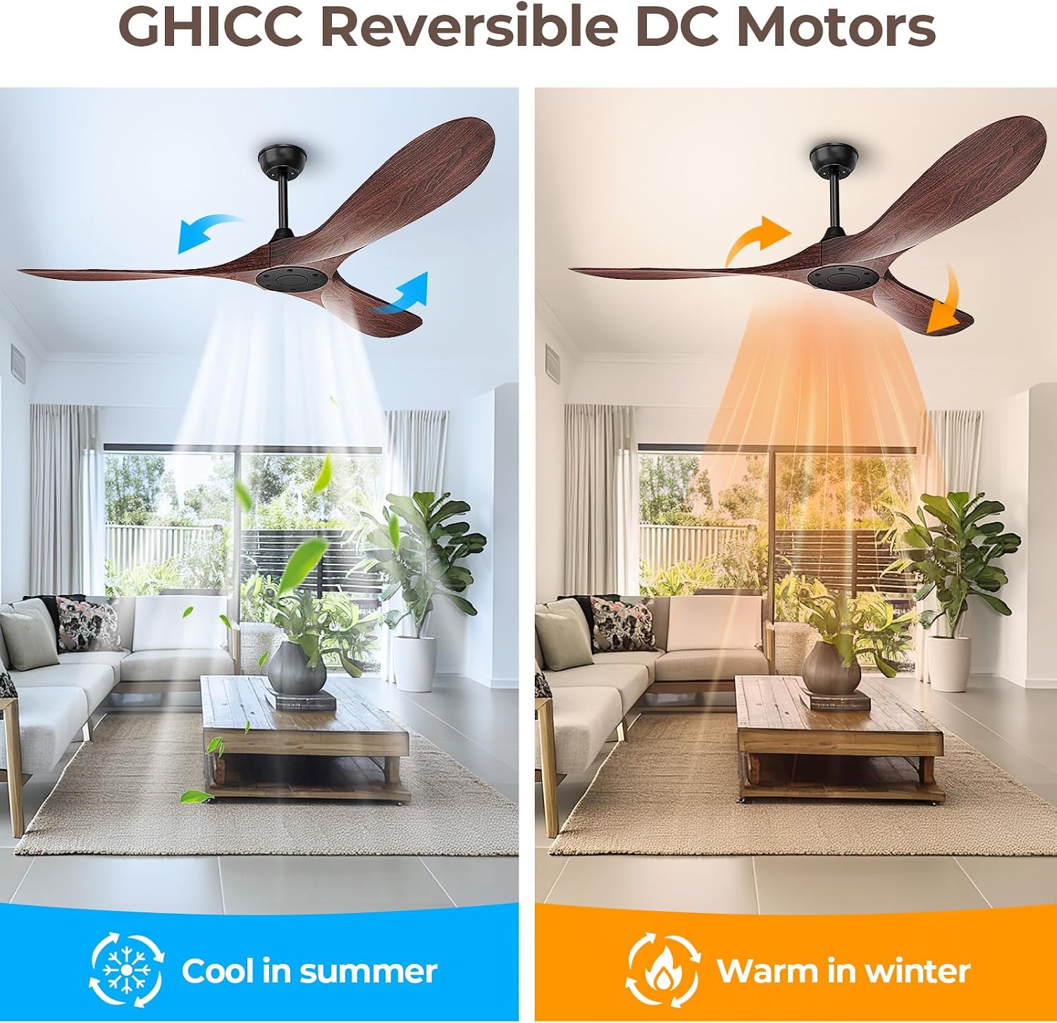 Obabala 60 Inch Ceiling Fan Without Lights, Walnut Finish | Outdoor Ceiling Fan with Remote, 6-Speed Adjustable Reversible DC Motor for Patio & Living Room