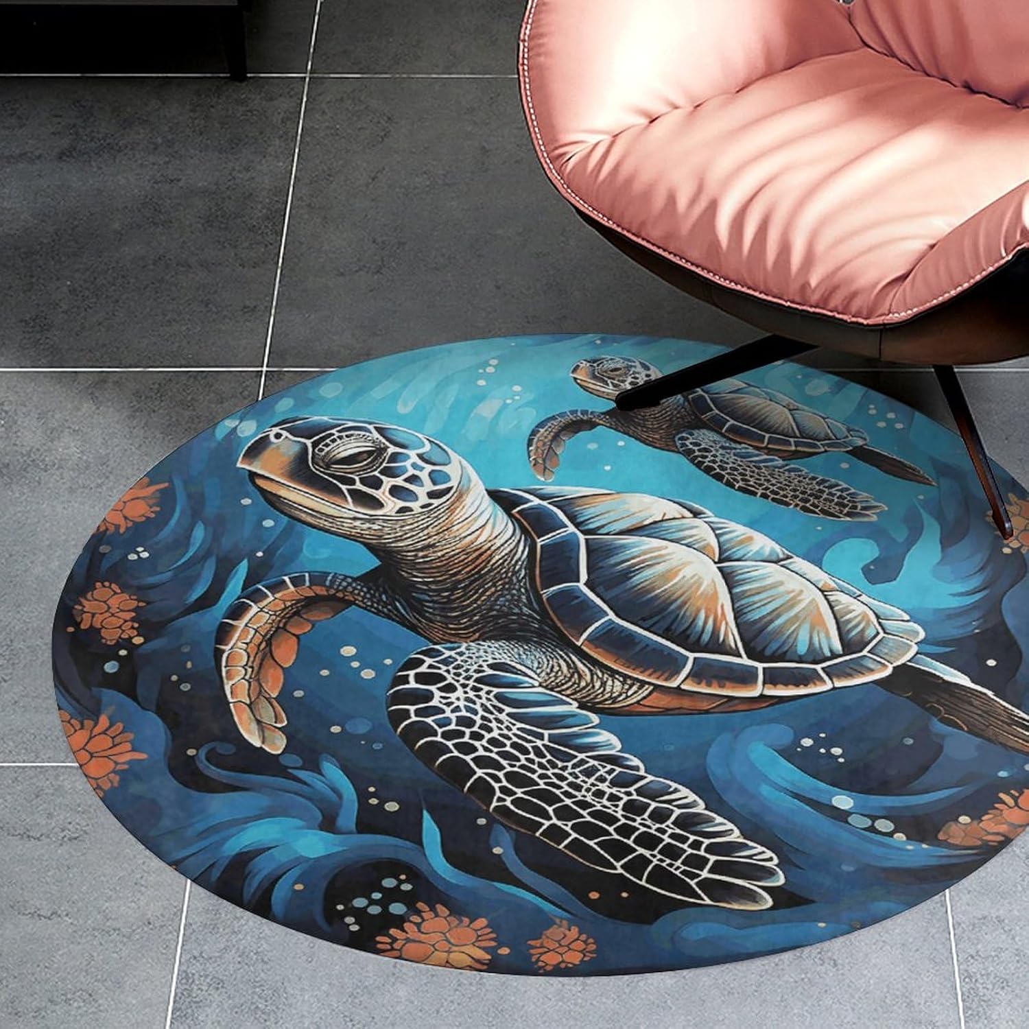 Sea Turtle Boho Style Coral Velvet Round Floor Mat Non-Slip Bath Rug Floor Covering for Bathroom Vanity Guest Suite & Vacation Home