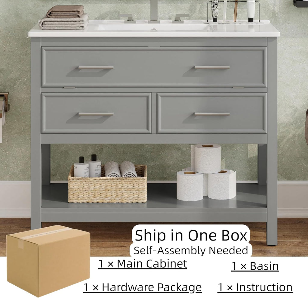 Bathroom Vanity 36 Inch with Ceramic Sink, Flip Top Tray, Wooden Bathroom Sink Cabinet with 2 Drawers and Open Shelf, Freestanding Vanity for Guest Baths Master Suites, Rental Units (Gray)