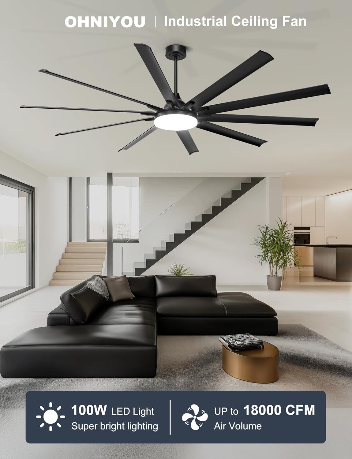 Ohniyou 96'' Industrial Ceiling Fan with Bright Lights - Remote/APP Control, High CFM, Extra Large Shop Ceiling Fan for Covered Outdoor Patio, Gym, Black