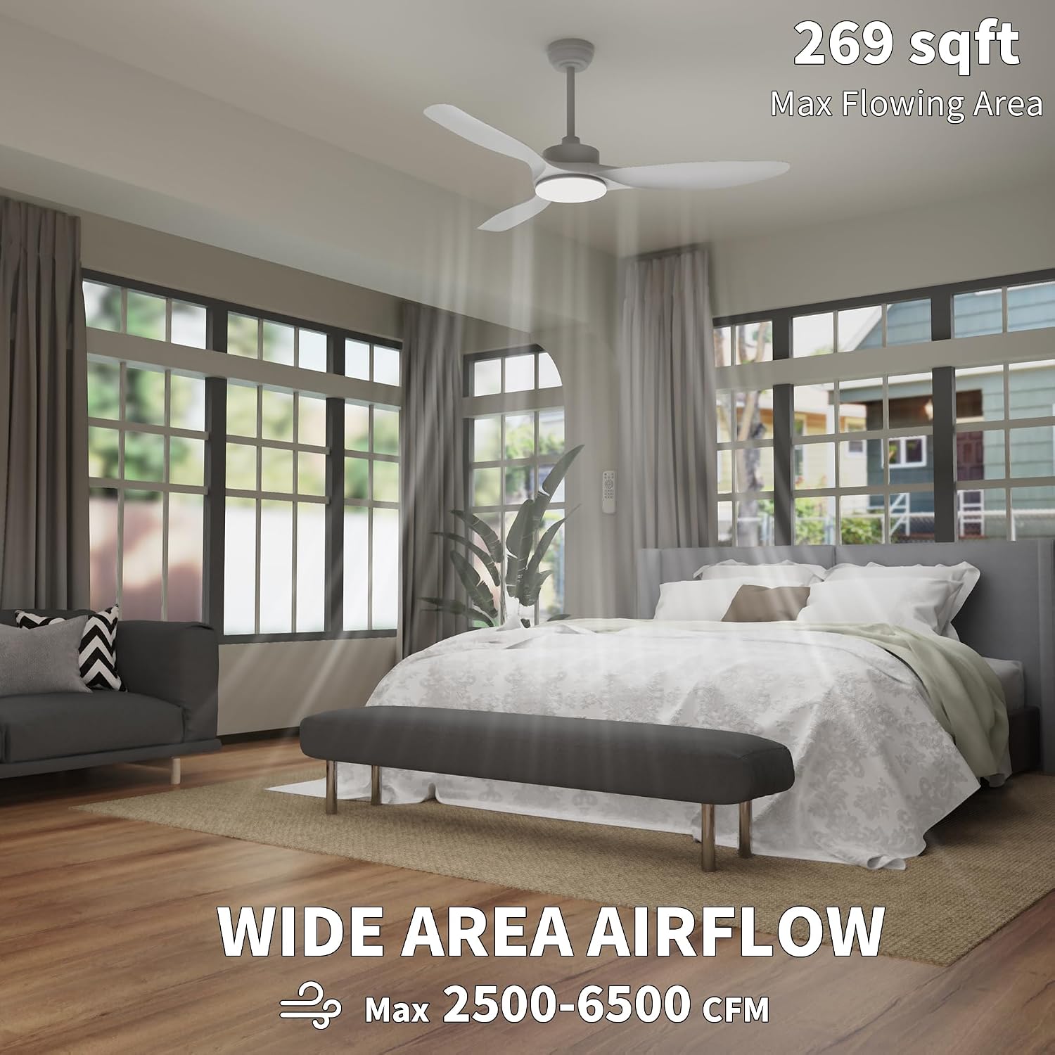 52 Inch Ceiling Fans with Lights Remote Control,White Sloped Mount Ceiling Fan 22W Dimmable LED Light,3 Reversible Blades,DC Motor 6 Speed Ceiling Fan for Bedroom Living Room Home Office