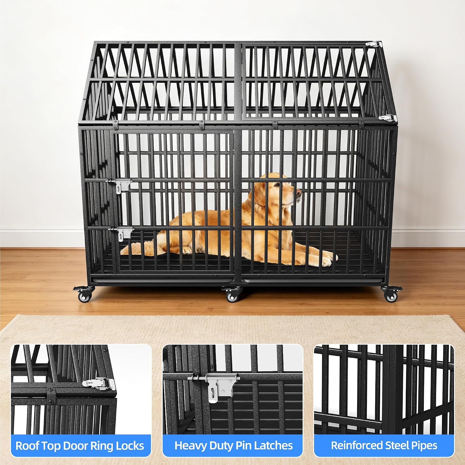 Heavy Duty Dog Crate Cage Kennel 64 inch Sturdy Durable Safe for High Anxiety Giant Extra Large Breeds Dog Pet XL XXL,Lockable Wheels, Removable Trays