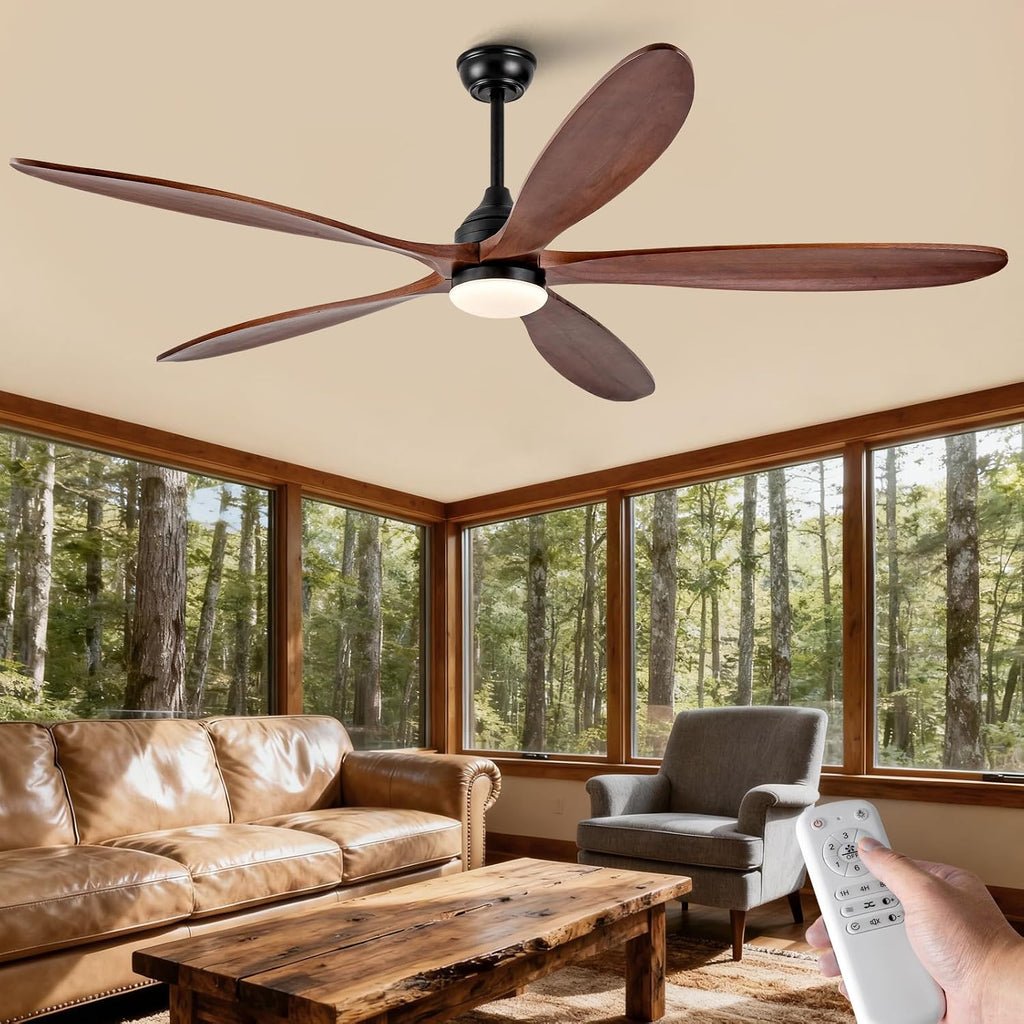 72 Inch Solid Wood Outdoor Ceiling Fans with Lights and Remote,Walnut 5 Blades,Dimmable,6 Speed Quiet DC Motor, Indoor Outdoor Ceiling Fan for Patios Bedroom Living Room