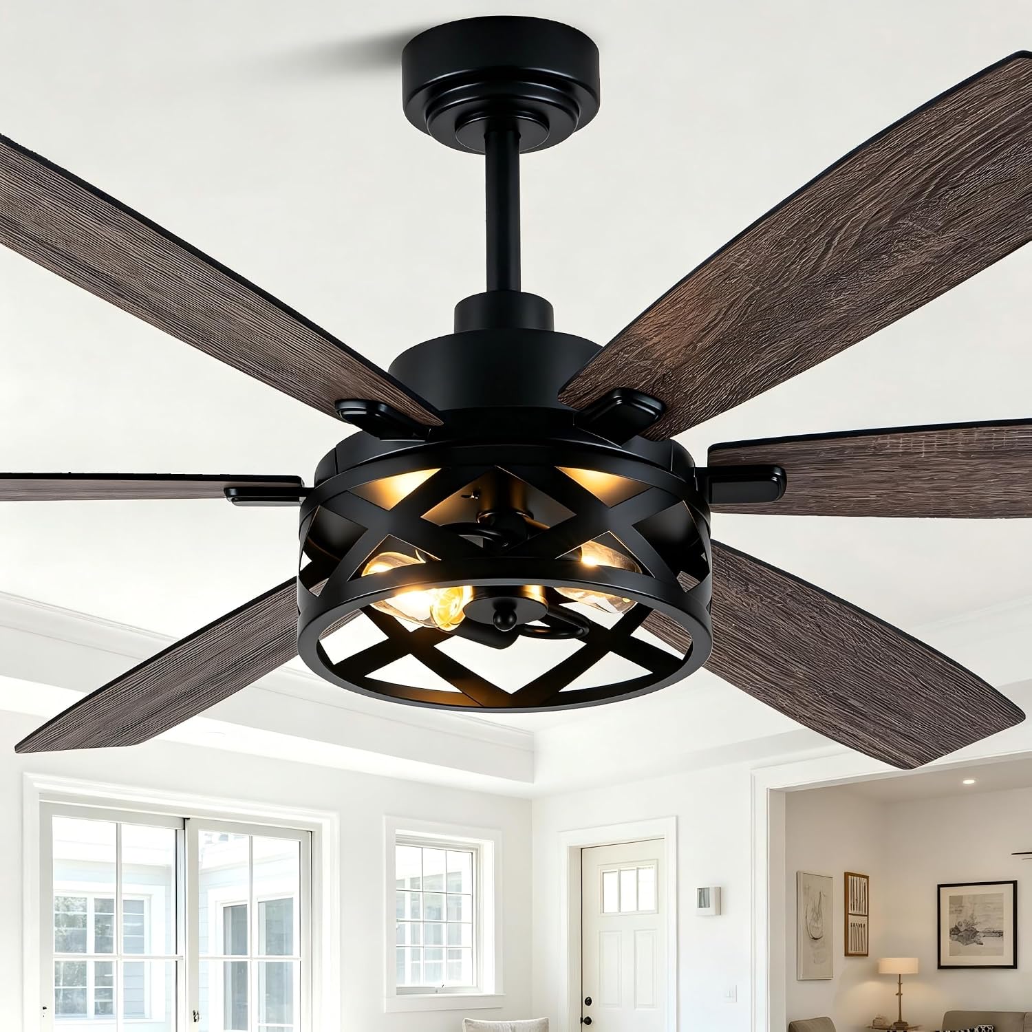 60' Farmhouse Ceiling Fan with Lights and Remote, Large Rustic Ceiling Fan Industrial Caged Fandelier Chandelier Light, Quiet DC Motor 6 Speed 6 Reversible Blades for Living Room Bedroom