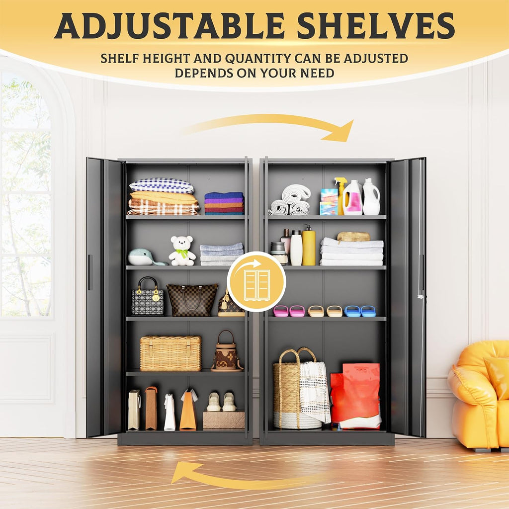 SUNCROWN Metal Storage Cabinets with Lock, Tool Cabinet, 72' Locking Steel Storage, Tall Locker Organizer Garage Cabinets with 2 Doors and 4 Shelves for Home,Office,Warehouse,Garage,School(Black)