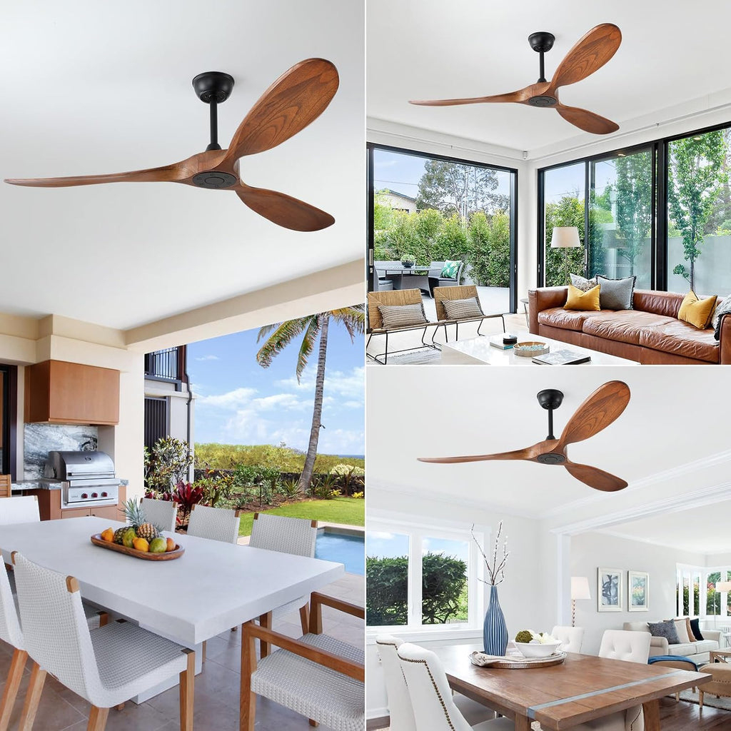 60 inch Ceiling Fan Without Light, Ceiling Fan no Light with Remote Control and Quiet DC Motor, Outdoor Ceiling Fans for Patios Without Lights, Solid Wood 3 Blades, ETL Listed- Walnut Wood