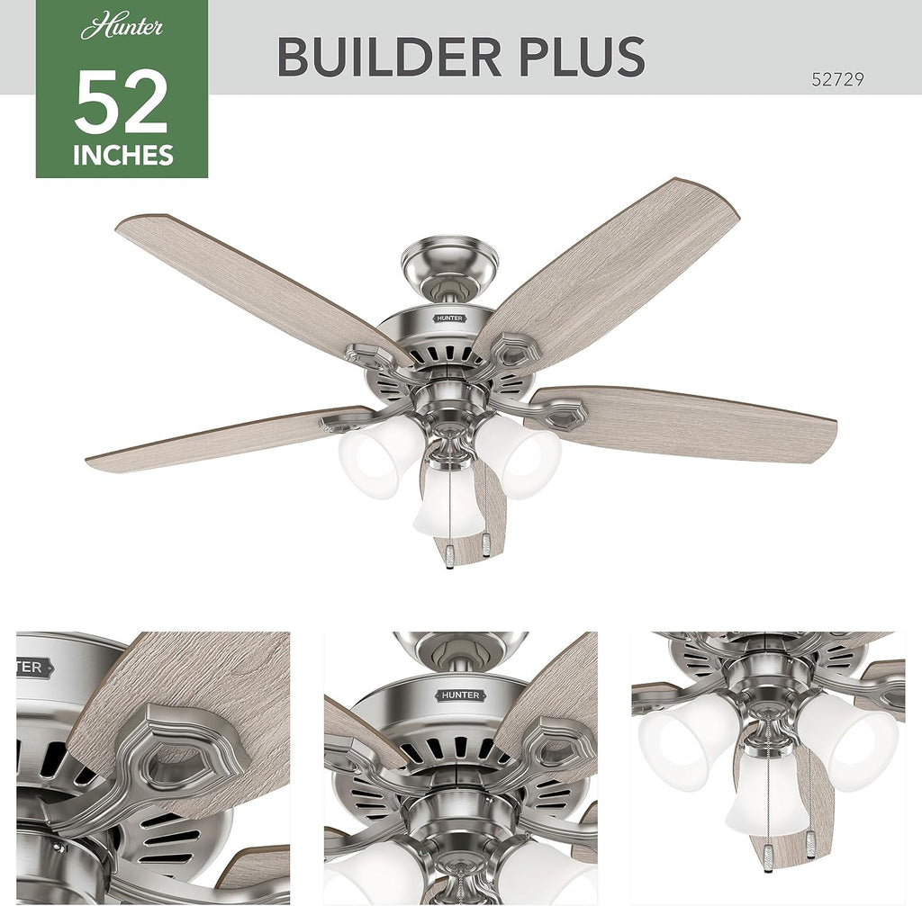 Hunter 52 inch Indoor Ceiling Fan with LED Lights - Ceiling Fan with Pull Chain, For Bedroom or Living Room, Standard Mount, No Remote, 5 Blades, Includes Bulbs - Builder 52729, Brushed Nickel