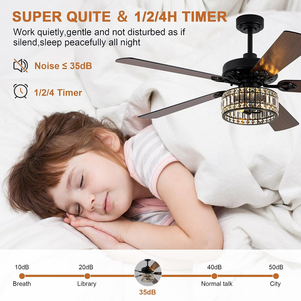 Bella Depot 60' Vintage Black Ceiling Fan with Light, Large Crystal Chandelier Fan Fandelier Fan with 6-Speeds, Quiet Reversible DC Motor, for Bedroom, Living Room