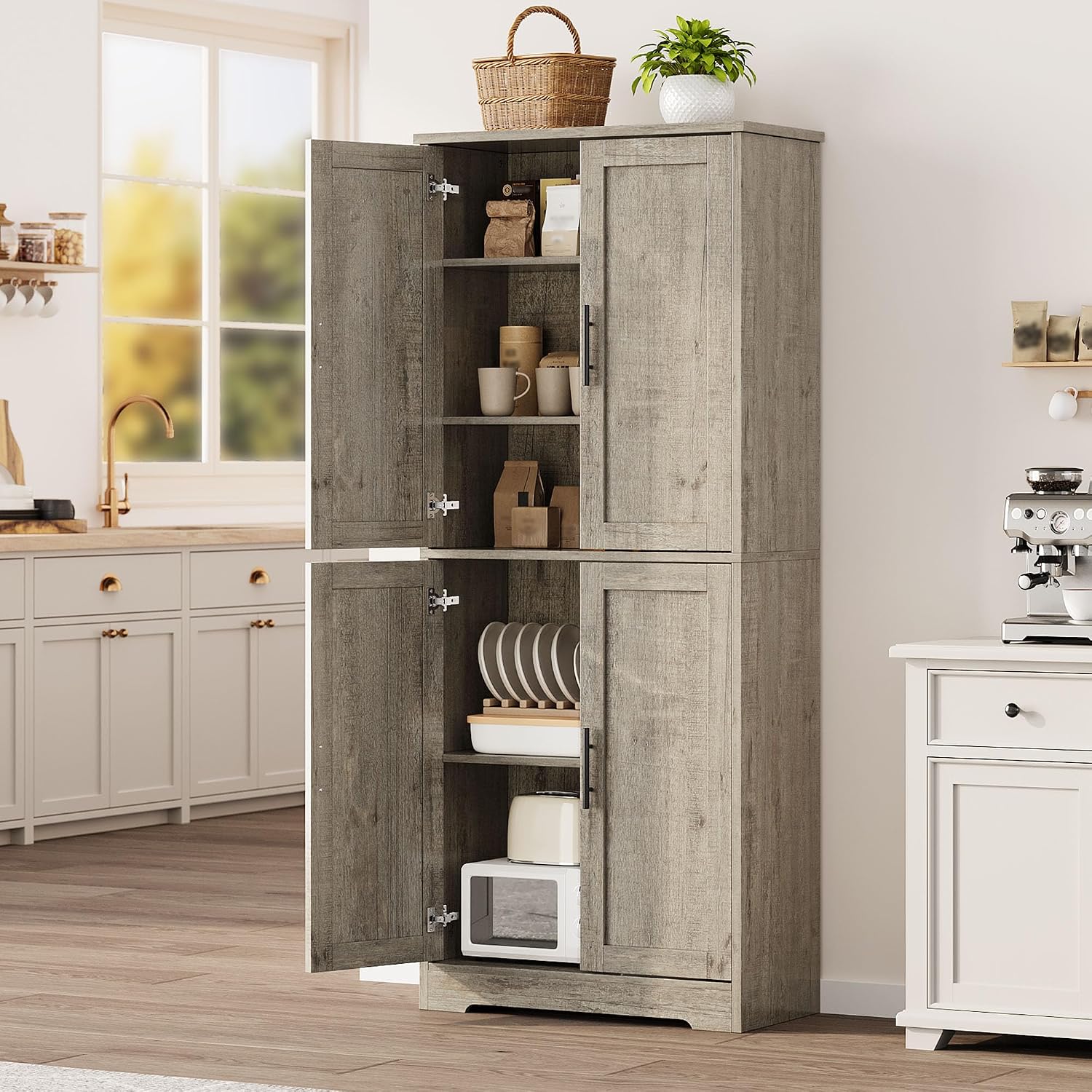 IDEALHOUSE Pantry Cabinet,70' Tall Kitchen Pantry Cabinet with 4 Doors and 3 Adjustable Shelves, Freestanding Cupboard, Modern Storage Cabinet for Bathroom, Dining Room, Living Room, Gray