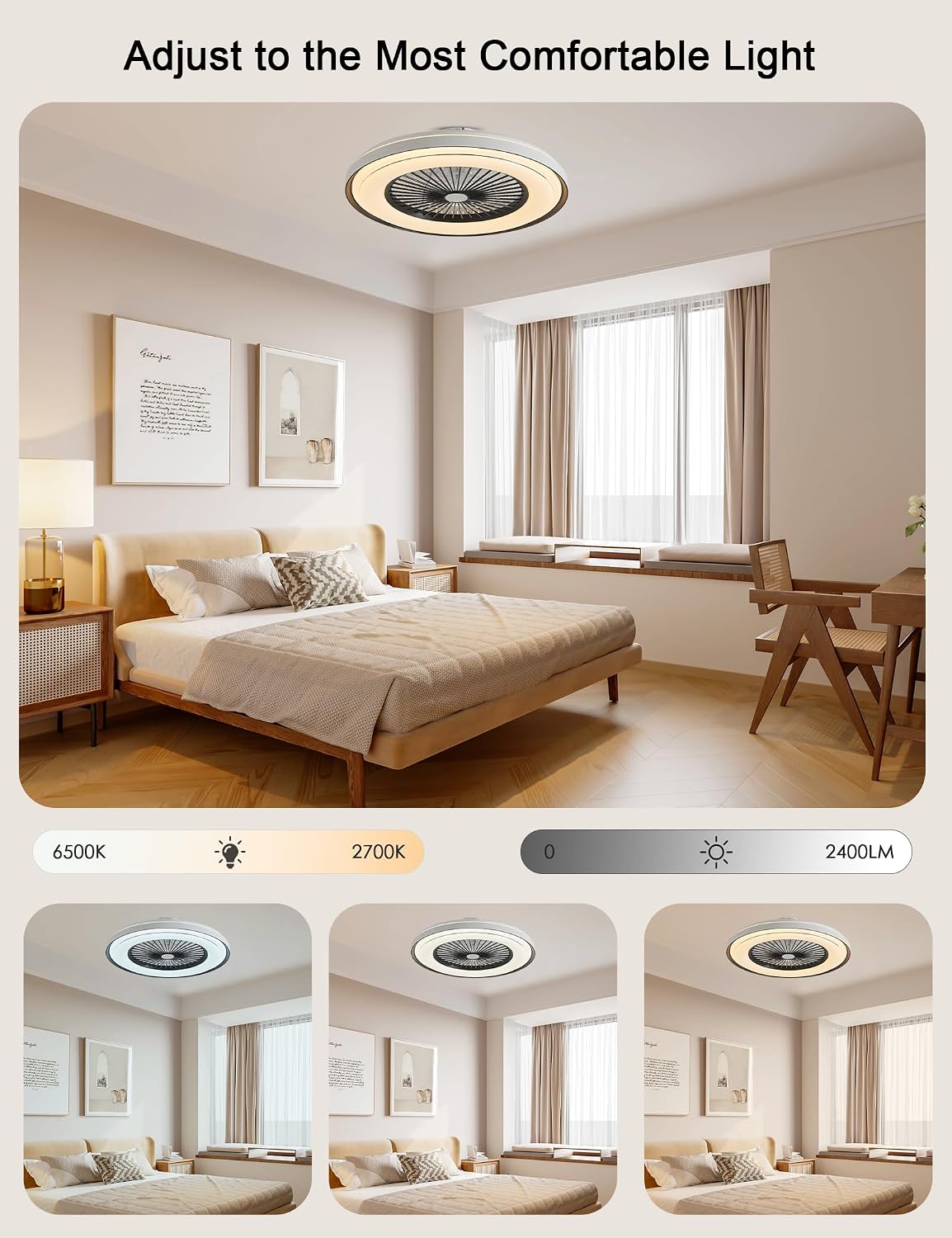 Dawn Whisper 24' Low Profile Ceiling Fans with Lights Quiet DC Motor 6 Speeds Timer Flush Mount Enlosed LED Modern Smart RGB Ceiling Fans with Alexa/Tuya APP Remote Control for Kids Bedroom Black