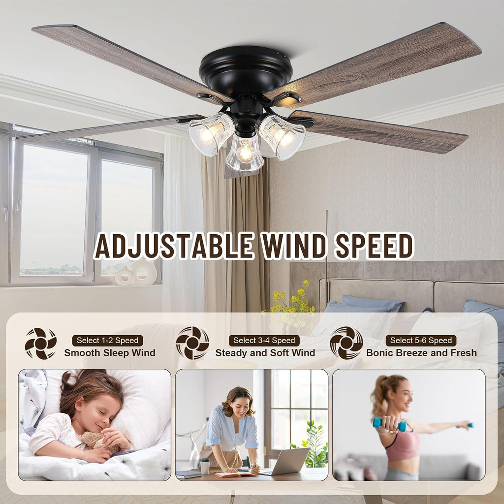 60'' Flush Mount Ceiling Fan with Light and Remote, 5 Reversible Wood Blades,3 Clear Seeded Glass Light Fixtures,6-Speed Quiet DC Motor,Farmhouse Ceiling Fan for Bedroom Living Room Patio
