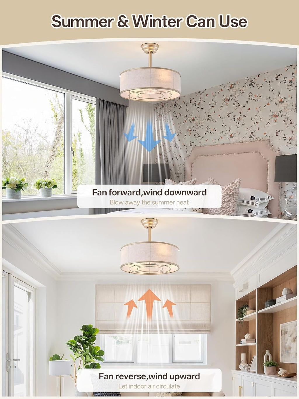 20' Gold Caged Boho Fandelier Ceiling Fan with Light & Remote Control - Bladeless Chandelier Fan, 6 Speed Quiet Reversible Motor for Bedroom, Nursery, Living Room