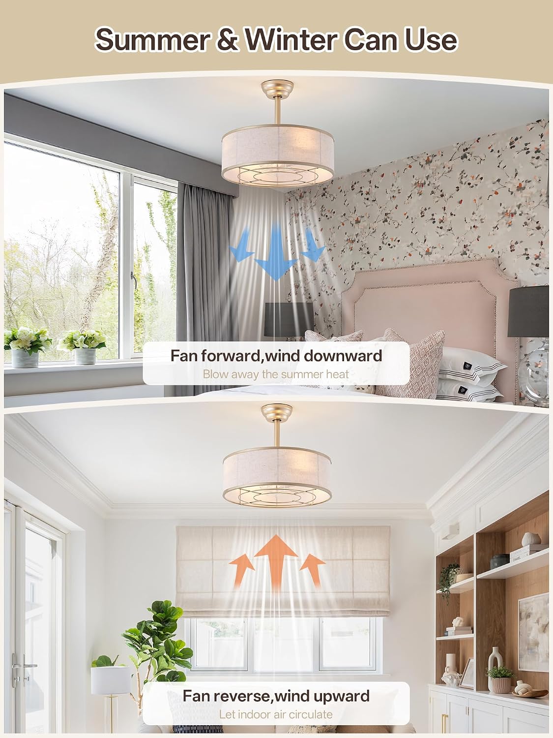 20' Gold Caged Boho Fandelier Ceiling Fan with Light & Remote Control - Bladeless Chandelier Fan, 6 Speed Quiet Reversible Motor for Bedroom, Nursery, Living Room