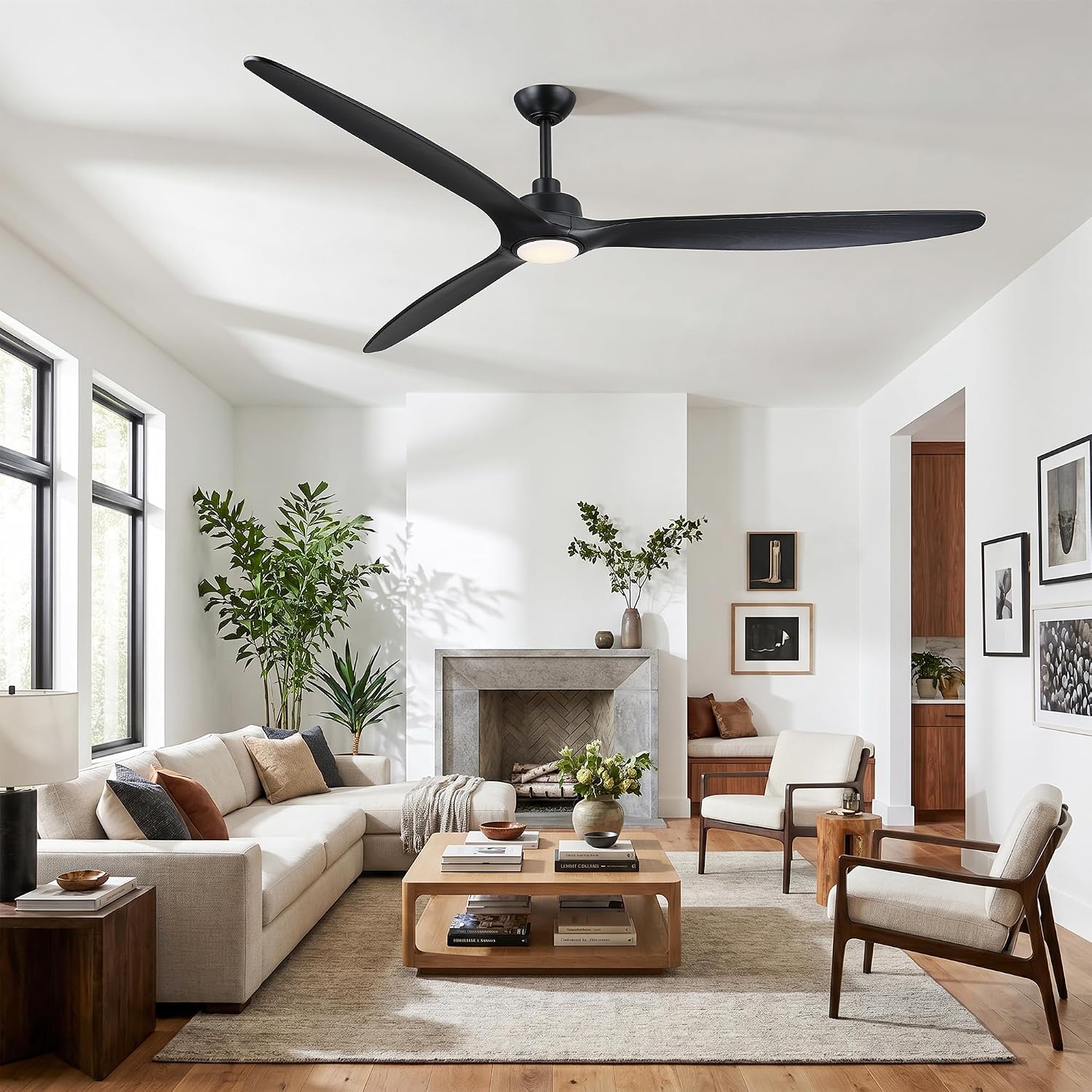 80 Inch Ceiling Fans with Lights and Remote Large Quiet Outdoor Ceiling Fan | Reversible Quiet DC Motor, 3 Natural Wood Blades, 6-Speed, 3CCT & Dimmable LED, High CFM Modern Big Fan for Living Room Patio